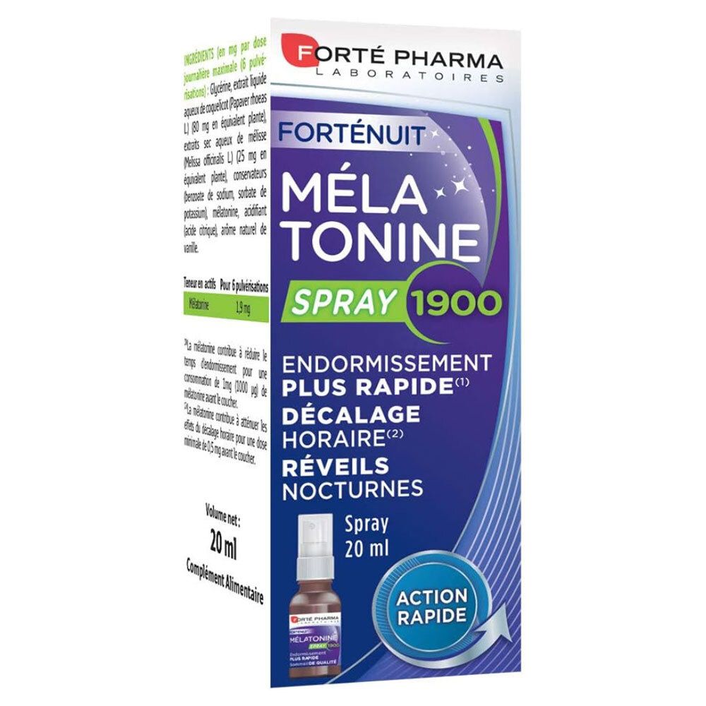 Flacon spray avec informations produit. Inscription: Forté Pharma, Forténuit, Mélatonine Spray 1900. Endormissement plus rapide, décalage horaire, réveils nocturnes.