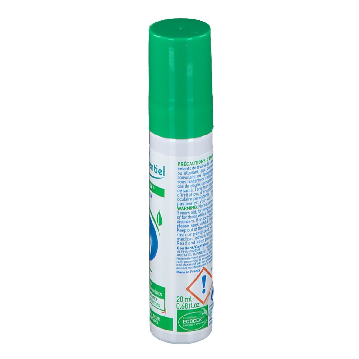 Dos du flacon spray. Texte multilingue. Avertissements et symboles de danger. Logo ECO CERT.