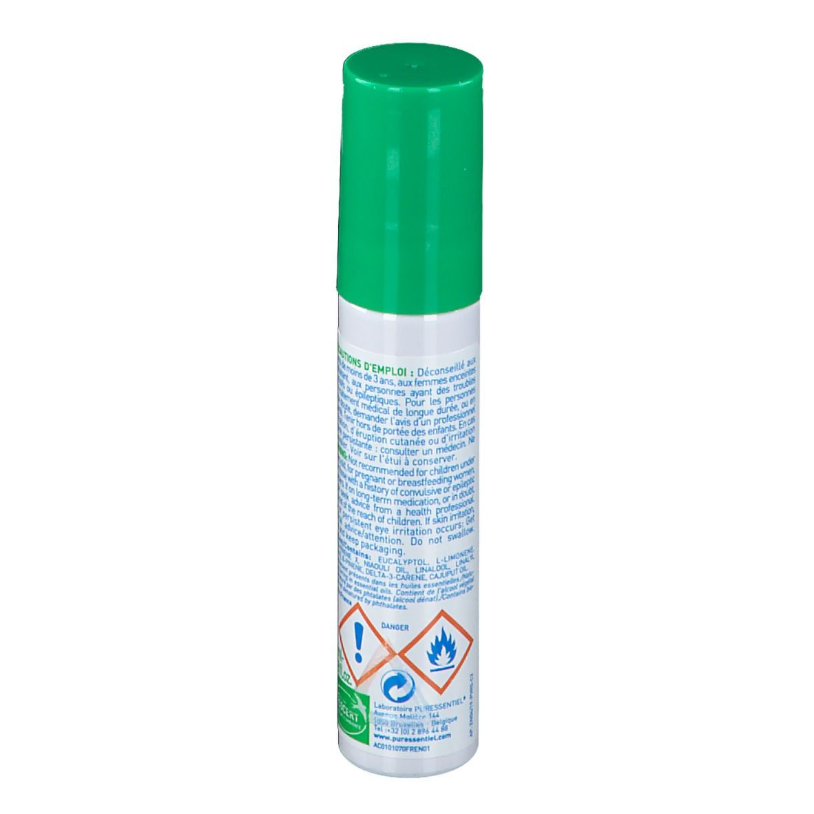 Dos du flacon spray. Texte multilingue. Symboles de danger. Logo ECO CERT.