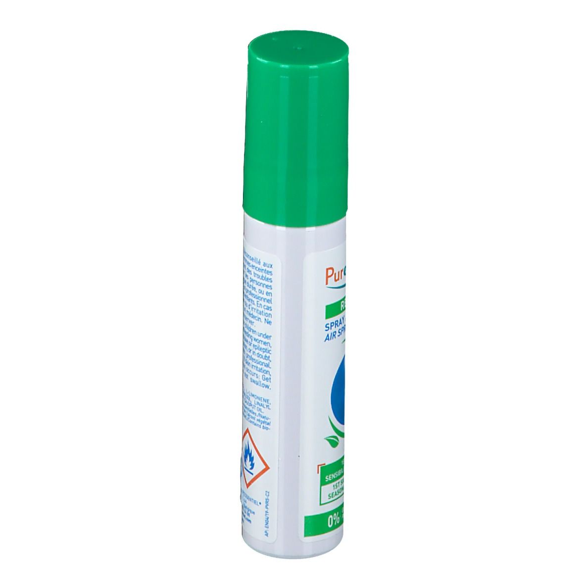 Flacon spray blanc et vert. Bouchon vert. Texte: PURESSENTIEL RESP OK SPRAY AERIEN AIR SPRAY. Illustration: Personne dans cercle bleu.