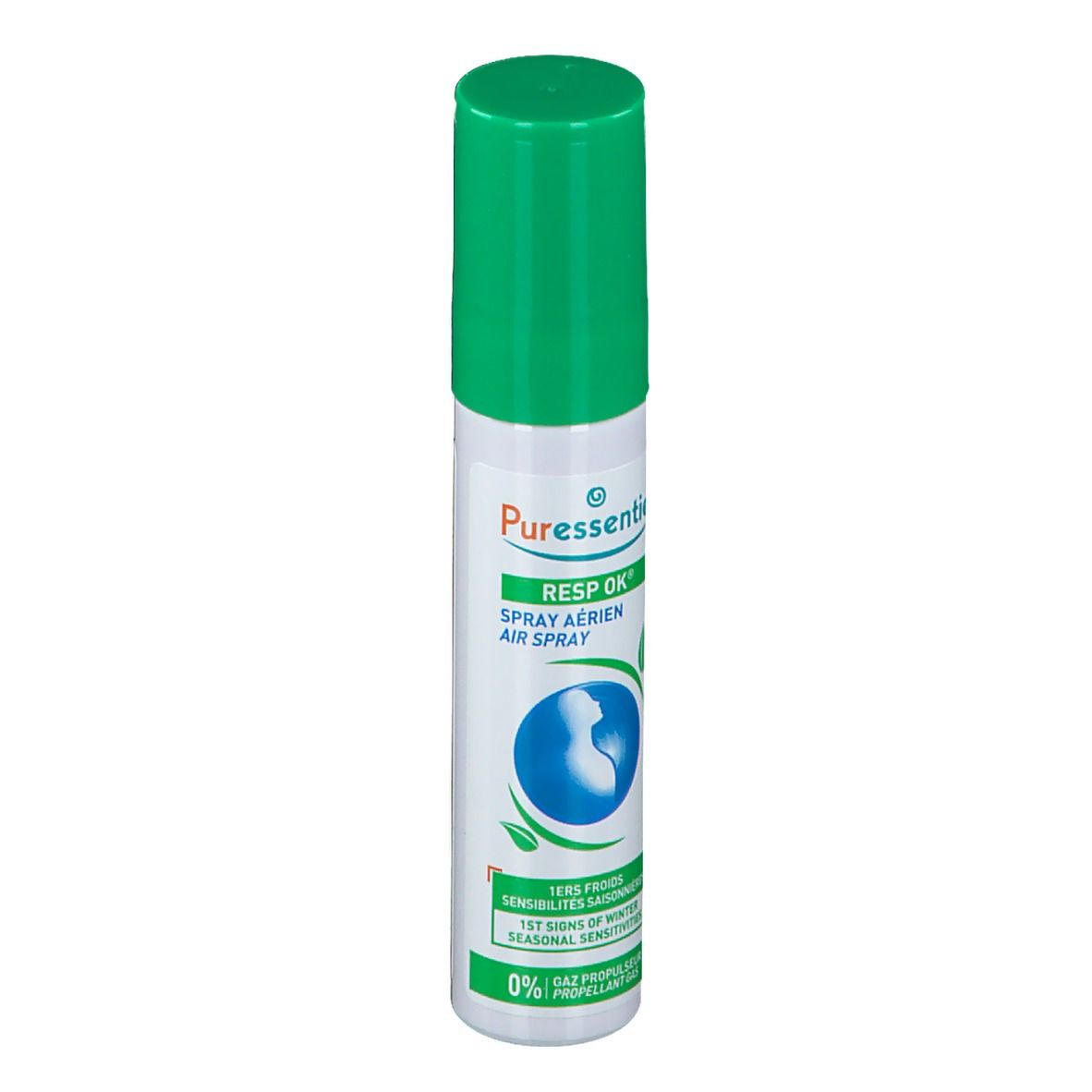 Flacon spray blanc et vert. Bouchon vert. Inscription: PURESSENTIEL RESP OK SPRAY AERIEN AIR SPRAY. Illustration: Personne dans cercle bleu.