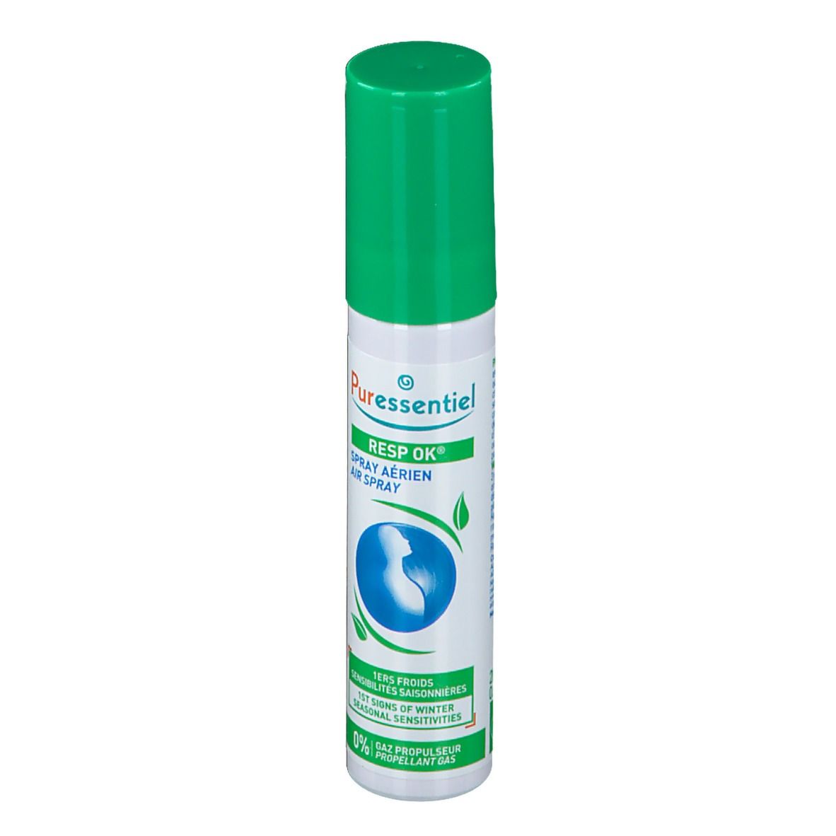 Flacon spray blanc et vert. Bouchon vert. Inscription: PURESSENTIEL RESP OK SPRAY AERIEN AIR SPRAY. Illustration: Personne dans cercle bleu.