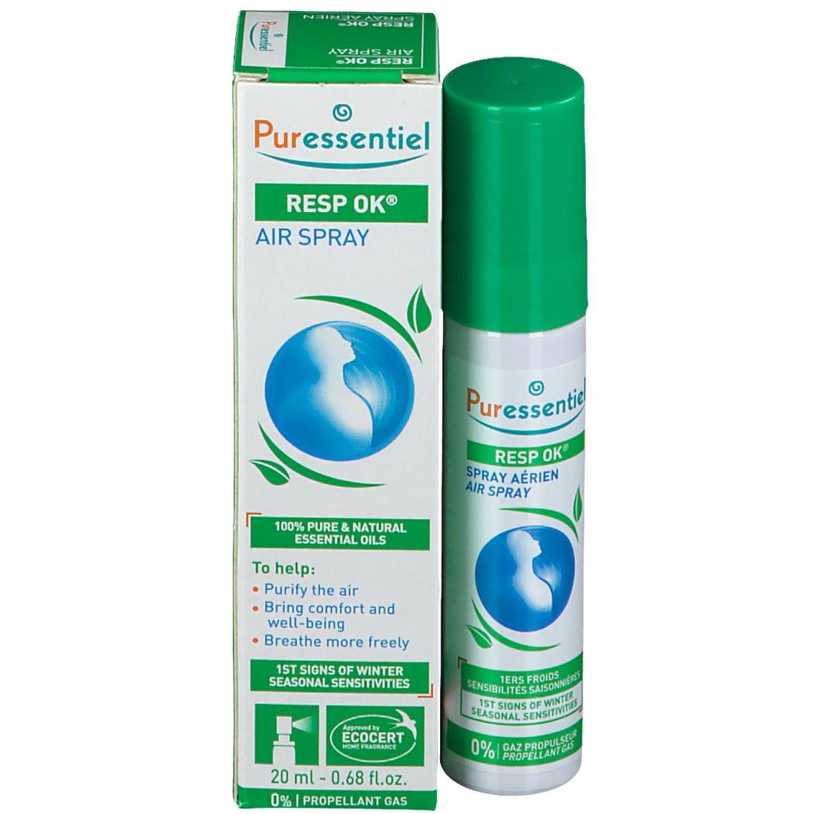 Emballage du produit et flacon spray. Emballage: blanc et vert, texte et illustration. Flacon: blanc et vert, bouchon vert.