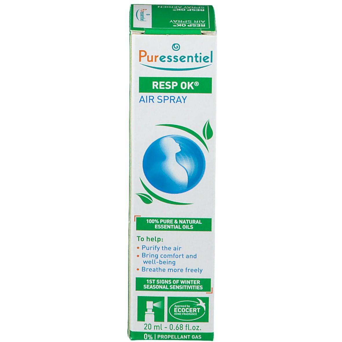 Emballage du produit. Blanc et vert. Texte et illustration. Inscription: PURESSENTIEL RESP OK AIR SPRAY. Logo ECO CERT.