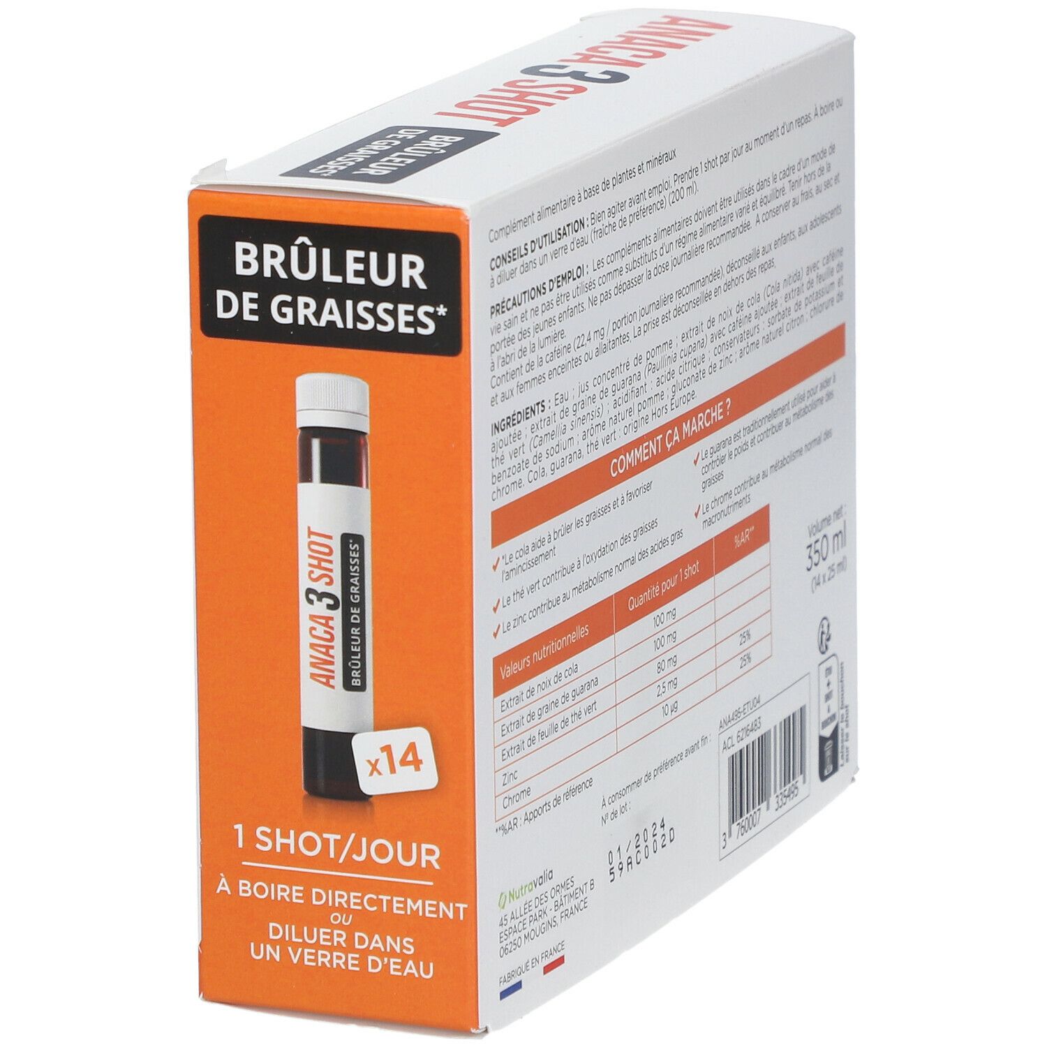 Vue latérale de l'emballage ANACA3 Shot. Affiche le nom du produit, l'image du shot et les informations d'utilisation.