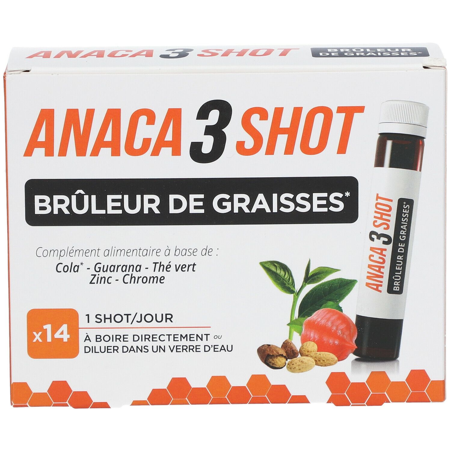 Emballage ANACA3 Shot avec image du produit et ingrédients. Contient 14 shots. Instructions d'utilisation.