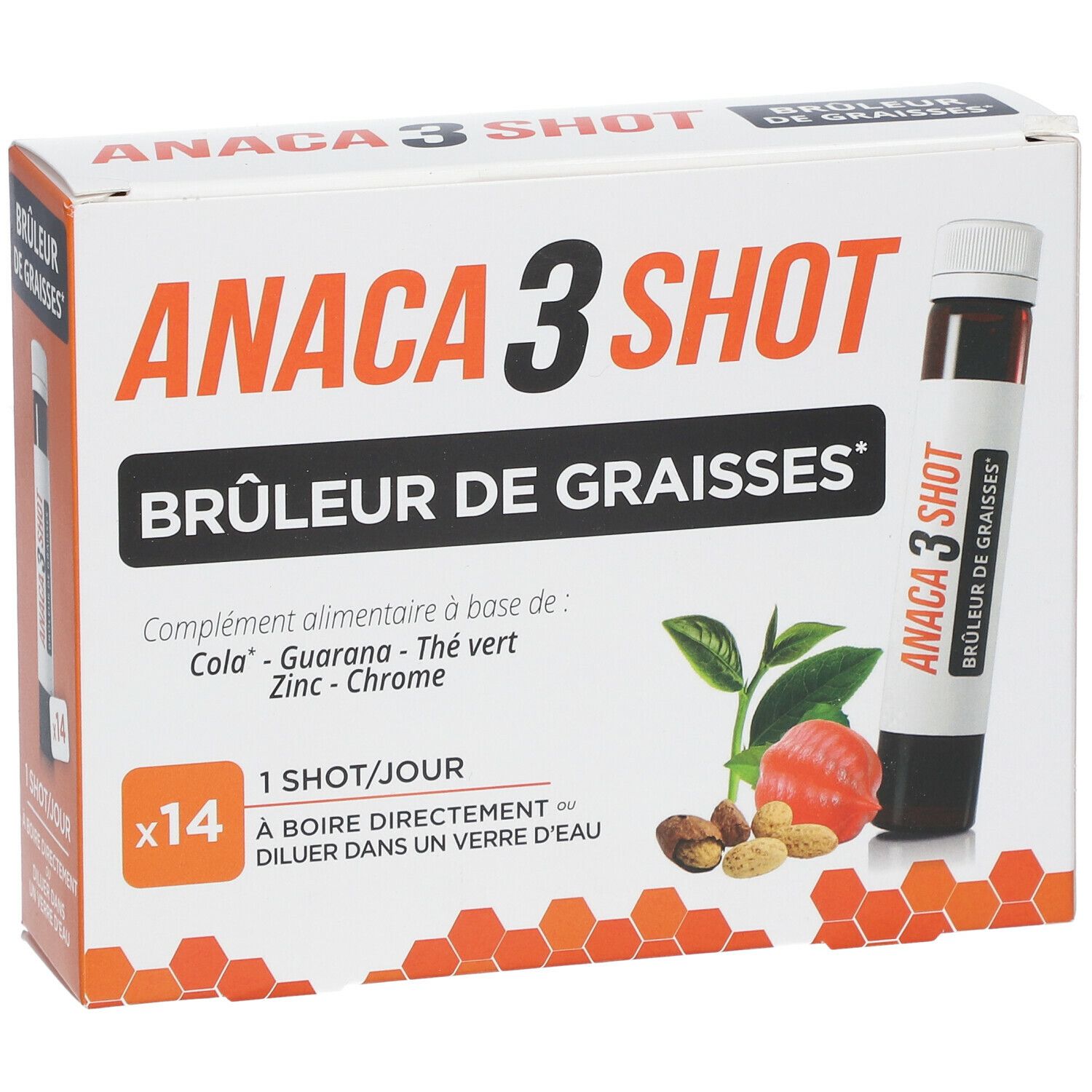 Emballage ANACA3 Shot. Contient 14 shots. Nom du produit et ingrédients clairement visibles.
