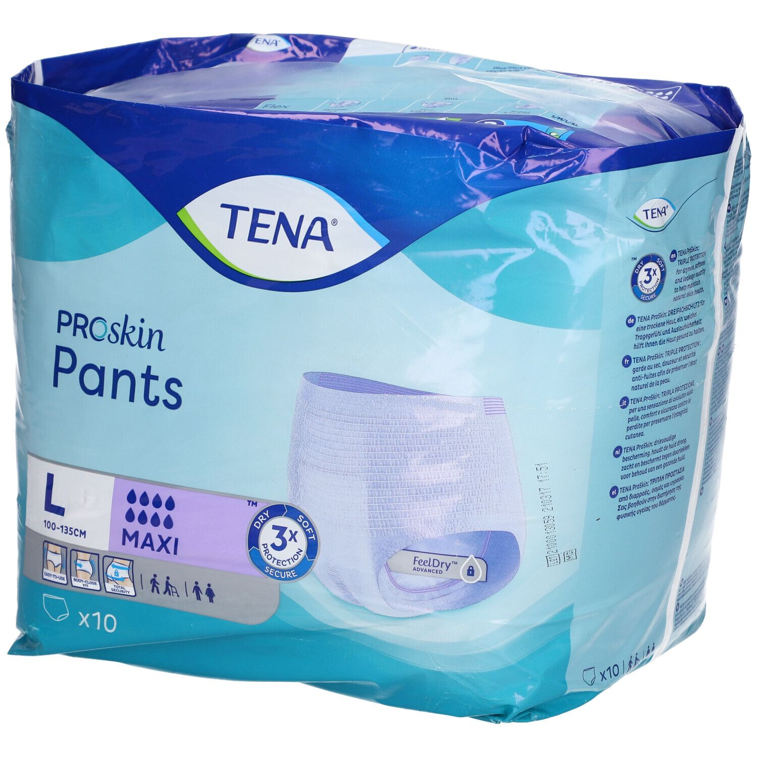 TENA PROskin Pants Maxi Large, emballage plastique. Taille L, 10 unités. Technologie Feeldry et triple protection.