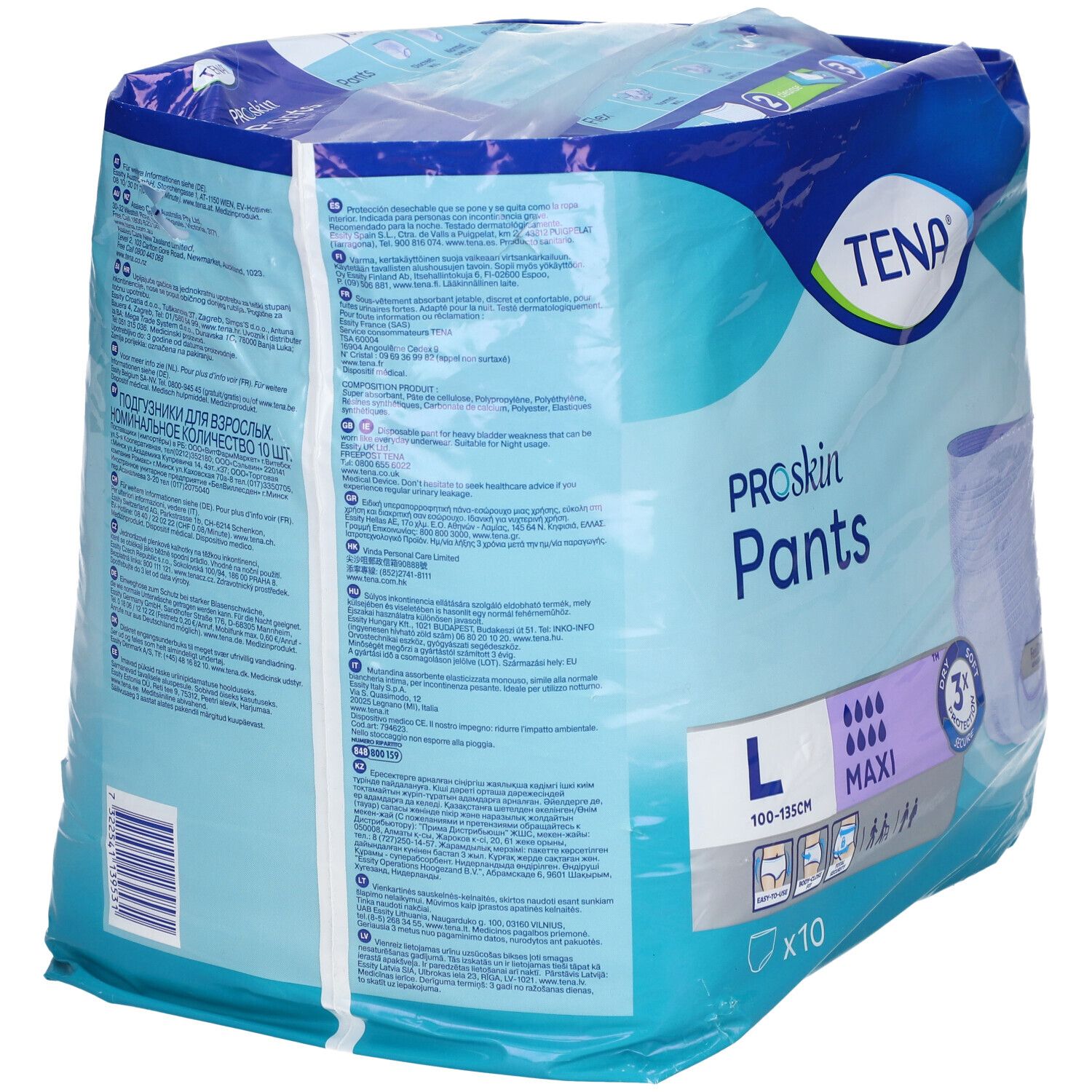 TENA PROskin Pants Maxi Large, emballage plastique. Taille L, 10 unités. Emballage avec informations produit.