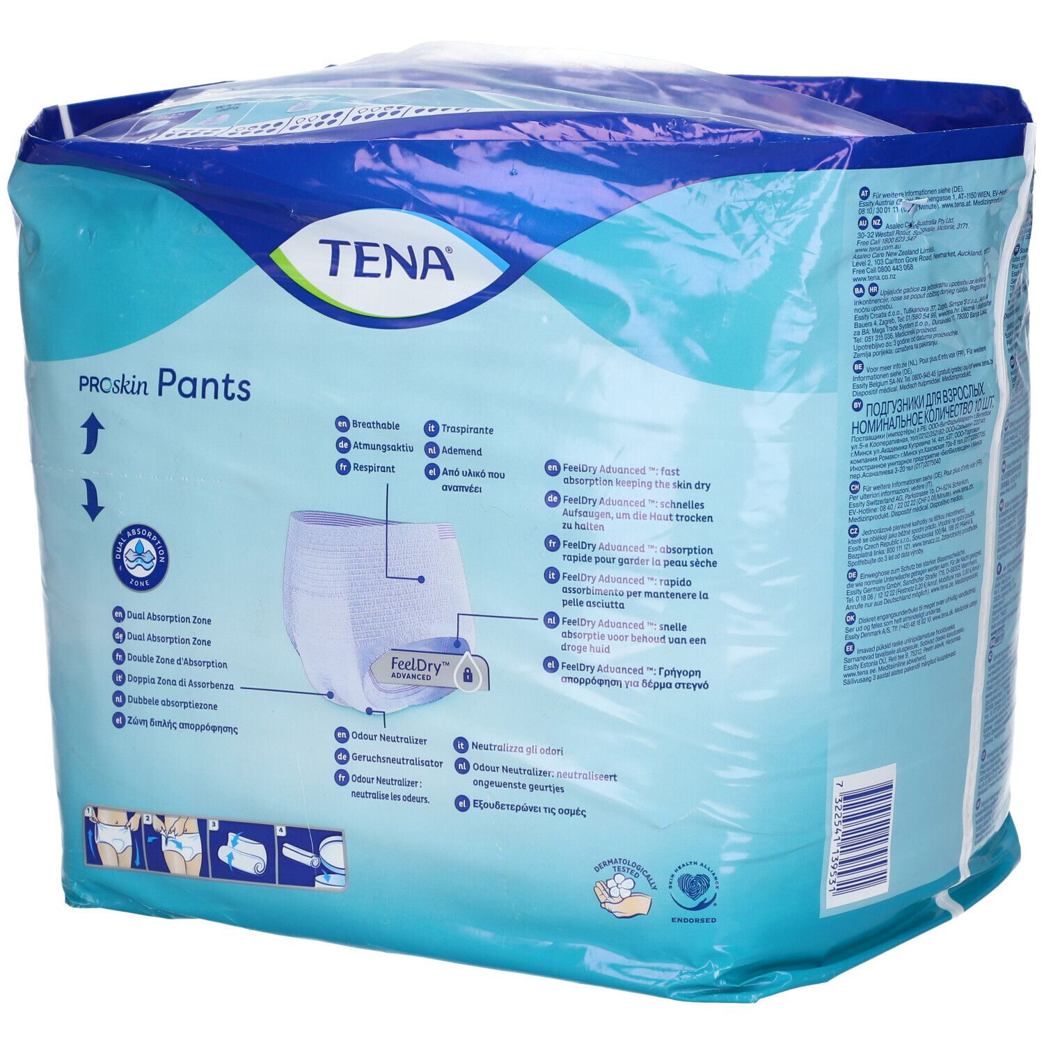 TENA PROskin Pants, dos de l'emballage. Caractéristiques et informations du produit. Technologie Feeldry.