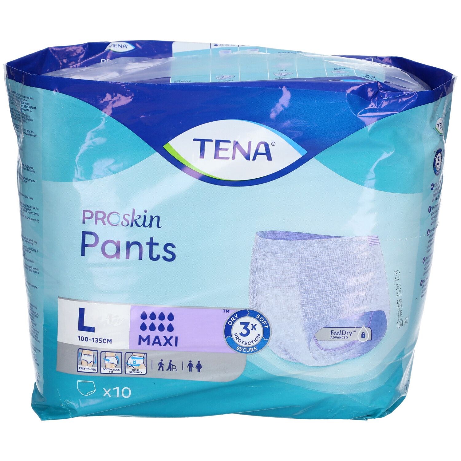 TENA PROskin Pants Maxi Large, emballage plastique. Taille L, 10 unités. Technologie Feeldry et triple protection.