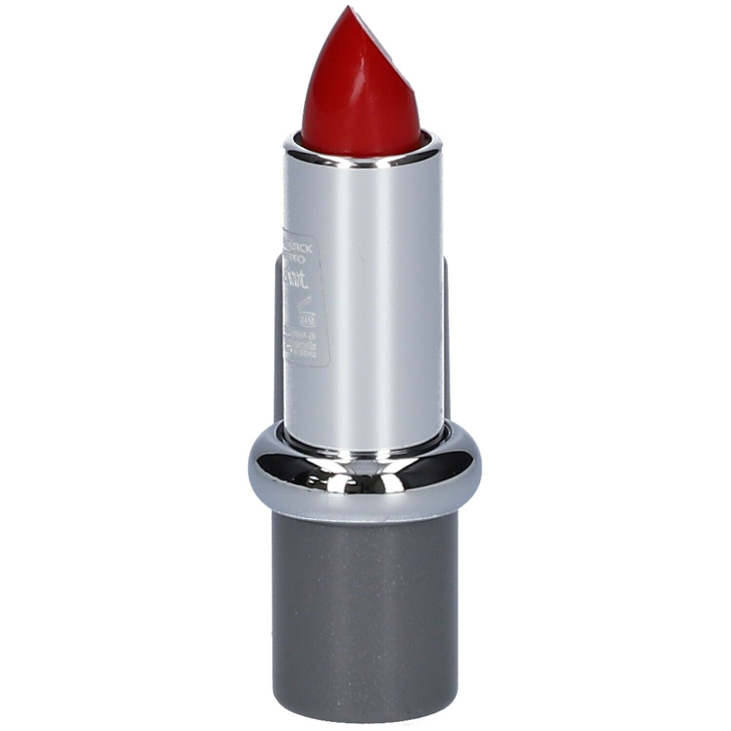 Rouge à lèvres rouge, étui argenté avec capuchon gris. Capuchon à côté. Haut du rouge à lèvres visible.