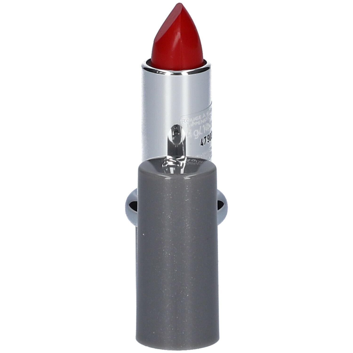 Rouge à lèvres rouge, étui argenté avec capuchon gris. Capuchon à côté. Haut du rouge à lèvres visible.