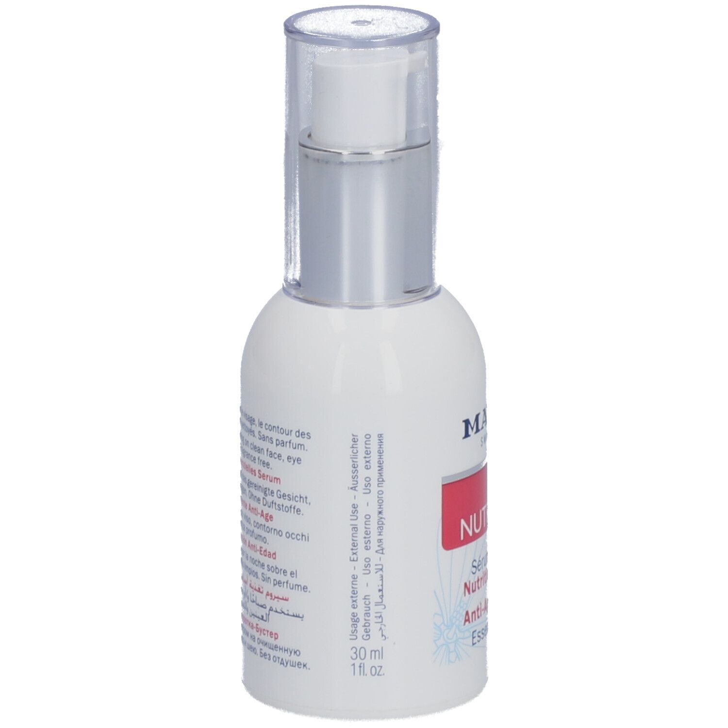 Rückansicht der weißen Flasche mit silbernem Verschluss. Text auf Etikett: Gebrauchsanweisung, 30 ml, 1 fl.oz.
