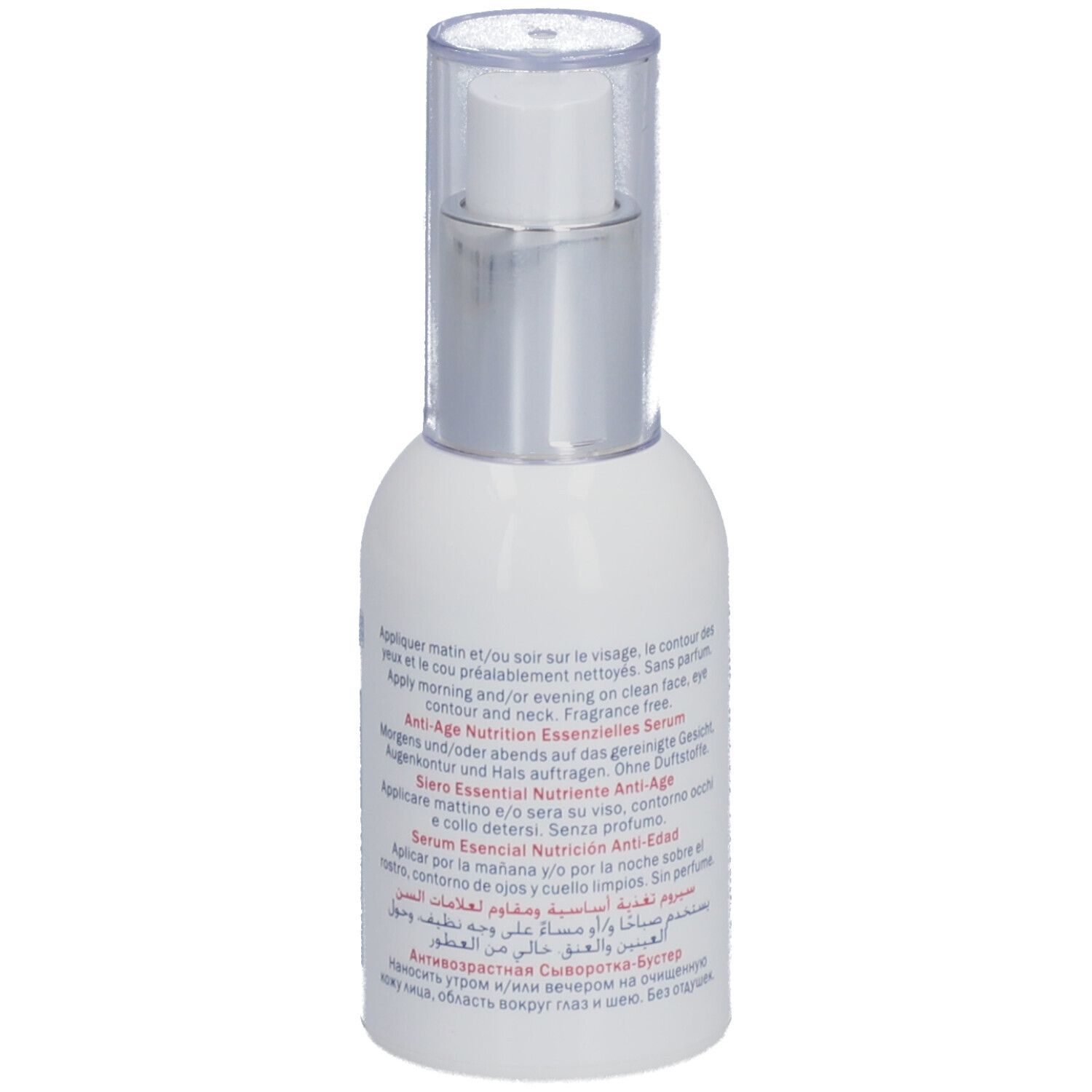 Rückansicht der weißen Flasche mit silbernem Verschluss. Text auf Etikett: Anwendungshinweise, Anti-Age Nutrition Essentielles Serum.