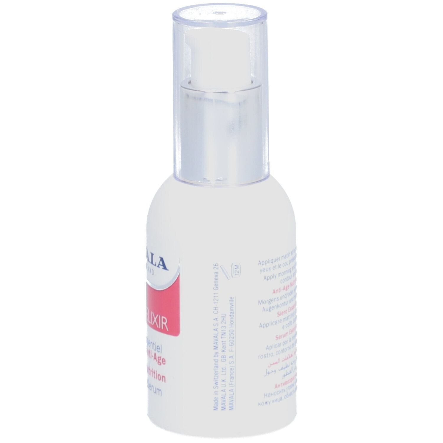 Rückansicht der weißen Flasche mit silbernem Verschluss. Text auf Etikett: MAVALA, Made in Switzerland.
