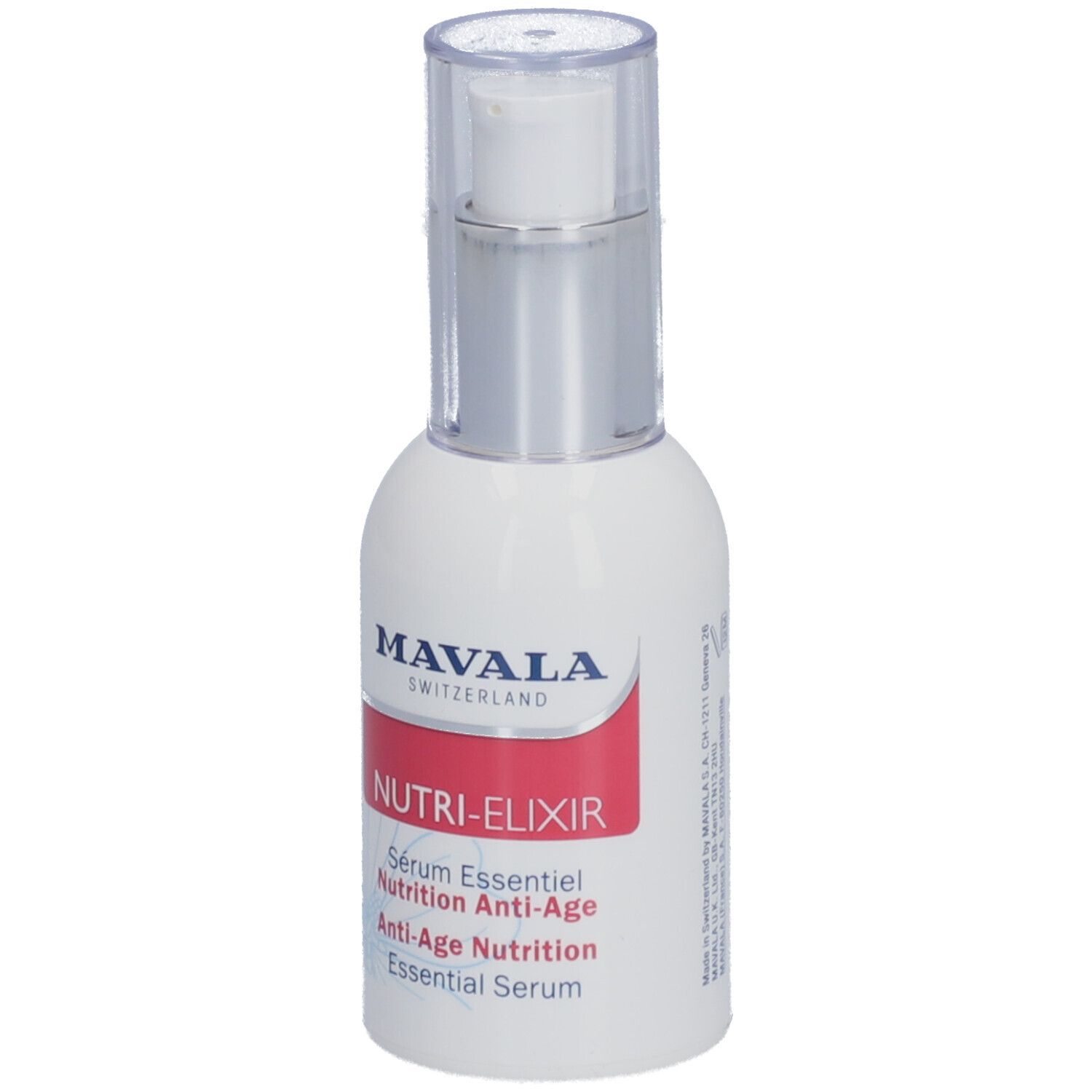 Weiße Flasche mit silbernem Verschluss. Roter Aufkleber mit Text: NUTRI-ELIXIR, Sérum Essentiel, Nutrition Anti-Age, Essential Serum. Marke: MAVALA.