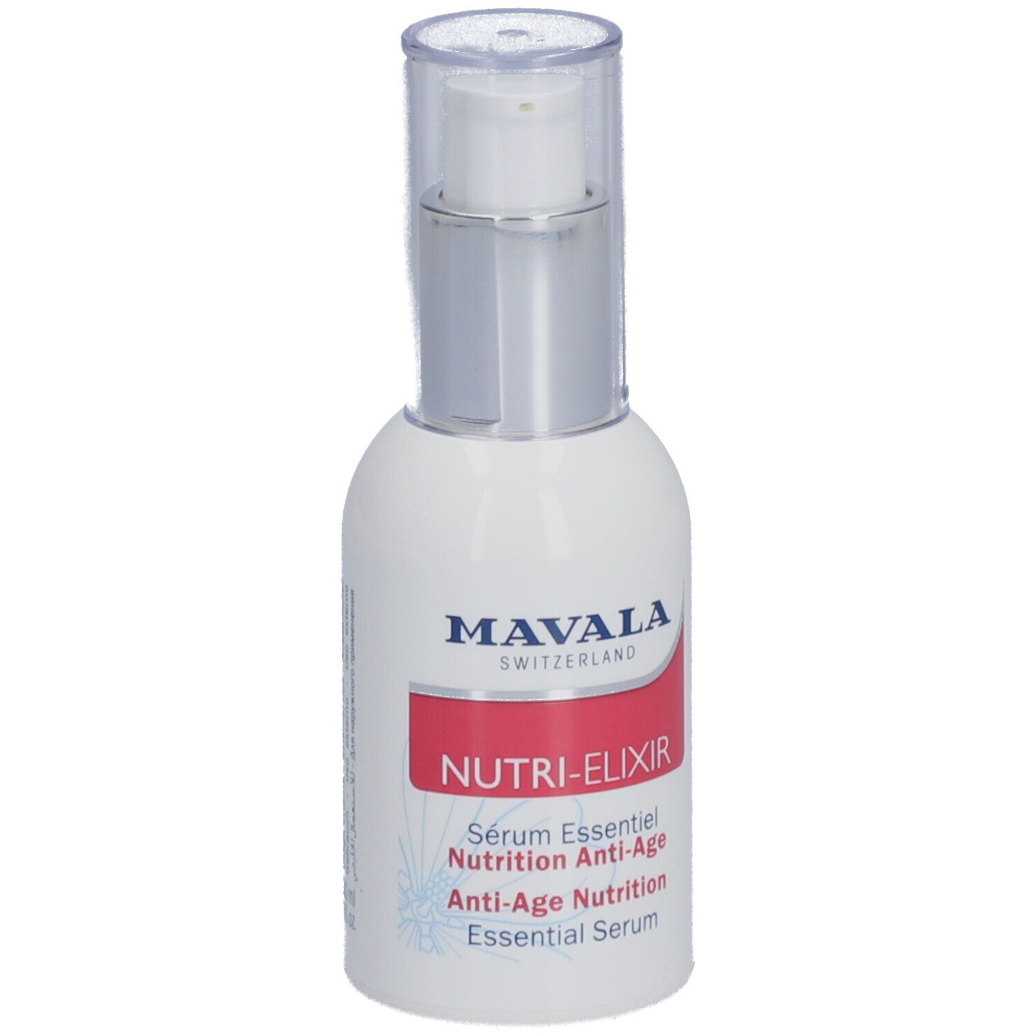 Weiße Flasche mit silbernem Verschluss. Roter Aufkleber mit Text: NUTRI-ELIXIR, Sérum Essentiel, Nutrition Anti-Age, Essential Serum. Marke: MAVALA.