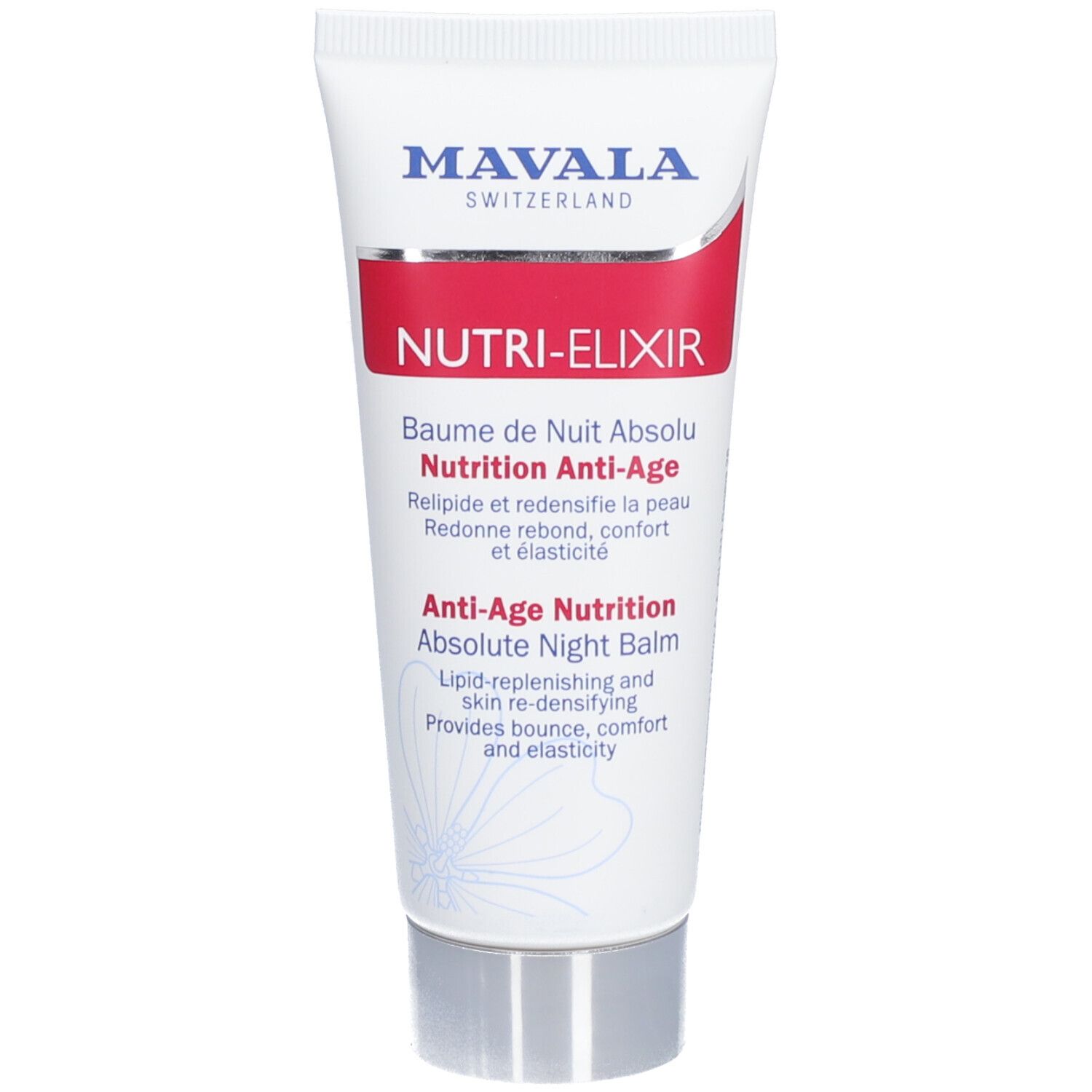 Tube de crème avec nom et logo du produit. Texte : NUTRI-ELIXIR, Baume de Nuit Absolu. Bouchon argenté.