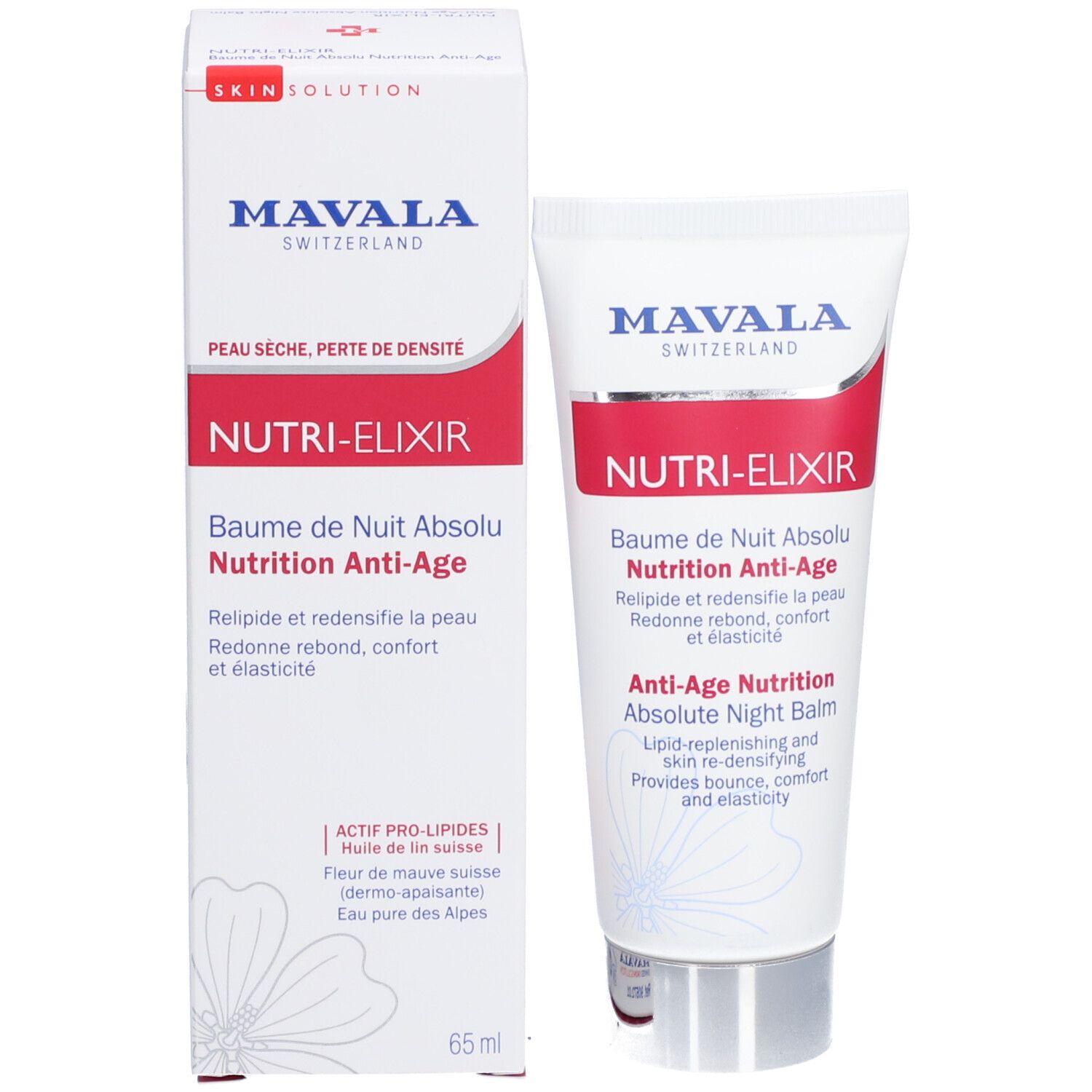 Emballage et tube. Emballage : blanc, rouge, nom du produit. Tube : blanc, rouge, bouchon argenté. Texte : NUTRI-ELIXIR.