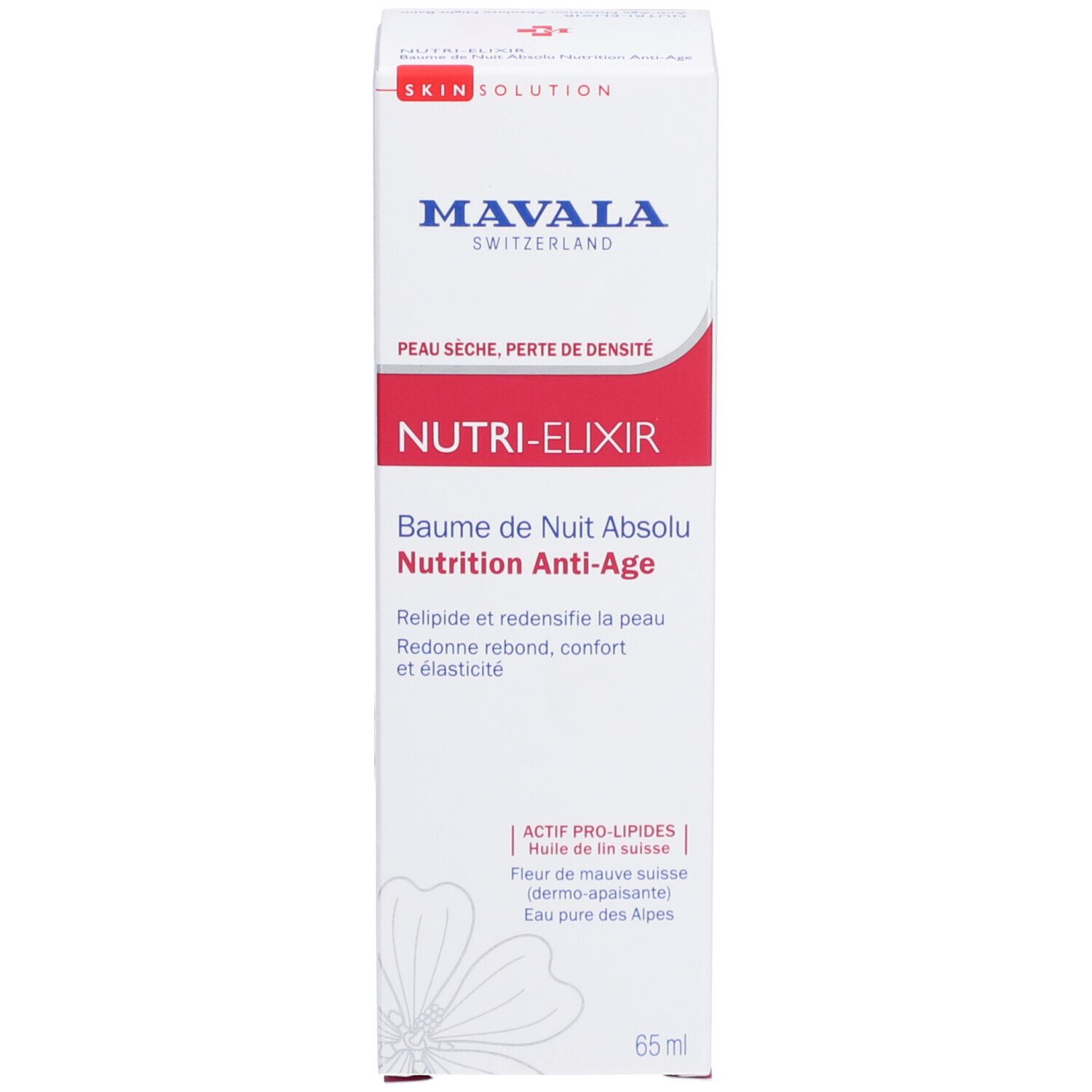 Emballage du produit. Blanc, rouge. Texte : NUTRI-ELIXIR, Baume de Nuit Absolu. Logo. 65 ml.