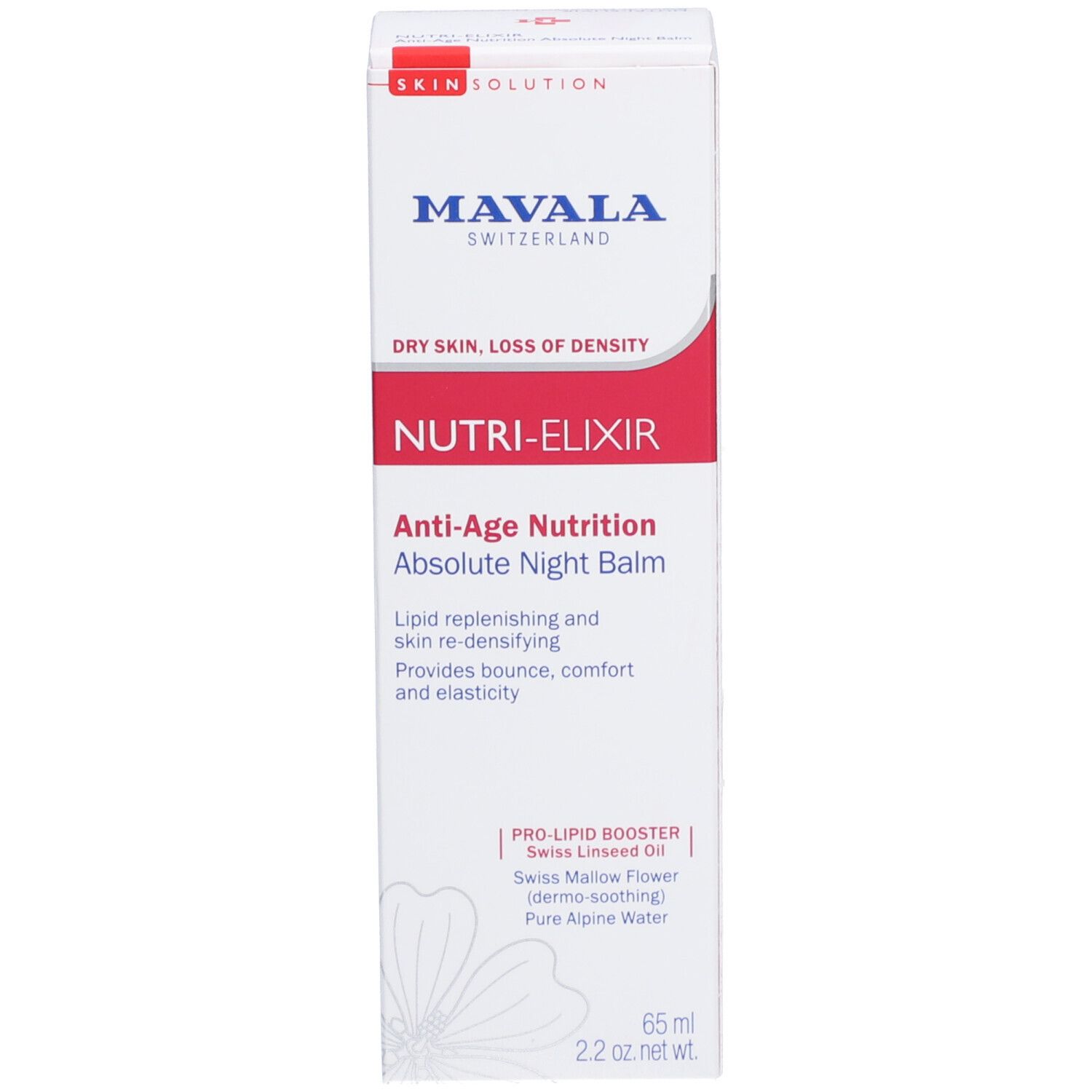 Emballage du produit. Blanc, rouge. Texte : NUTRI-ELIXIR, Baume de Nuit Absolu. Logo. 65 ml.