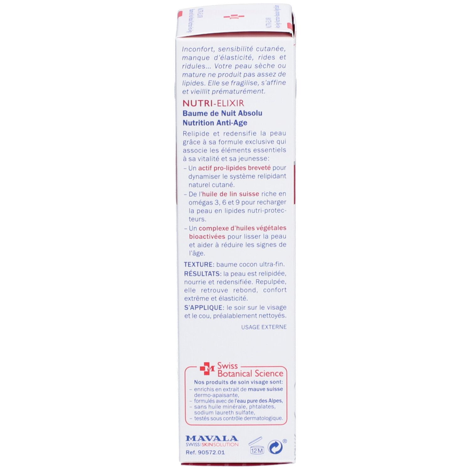 Côté de l'emballage du produit. Texte : NUTRI-ELIXIR, Baume de Nuit Absolu. Ingrédients, instructions, logo.