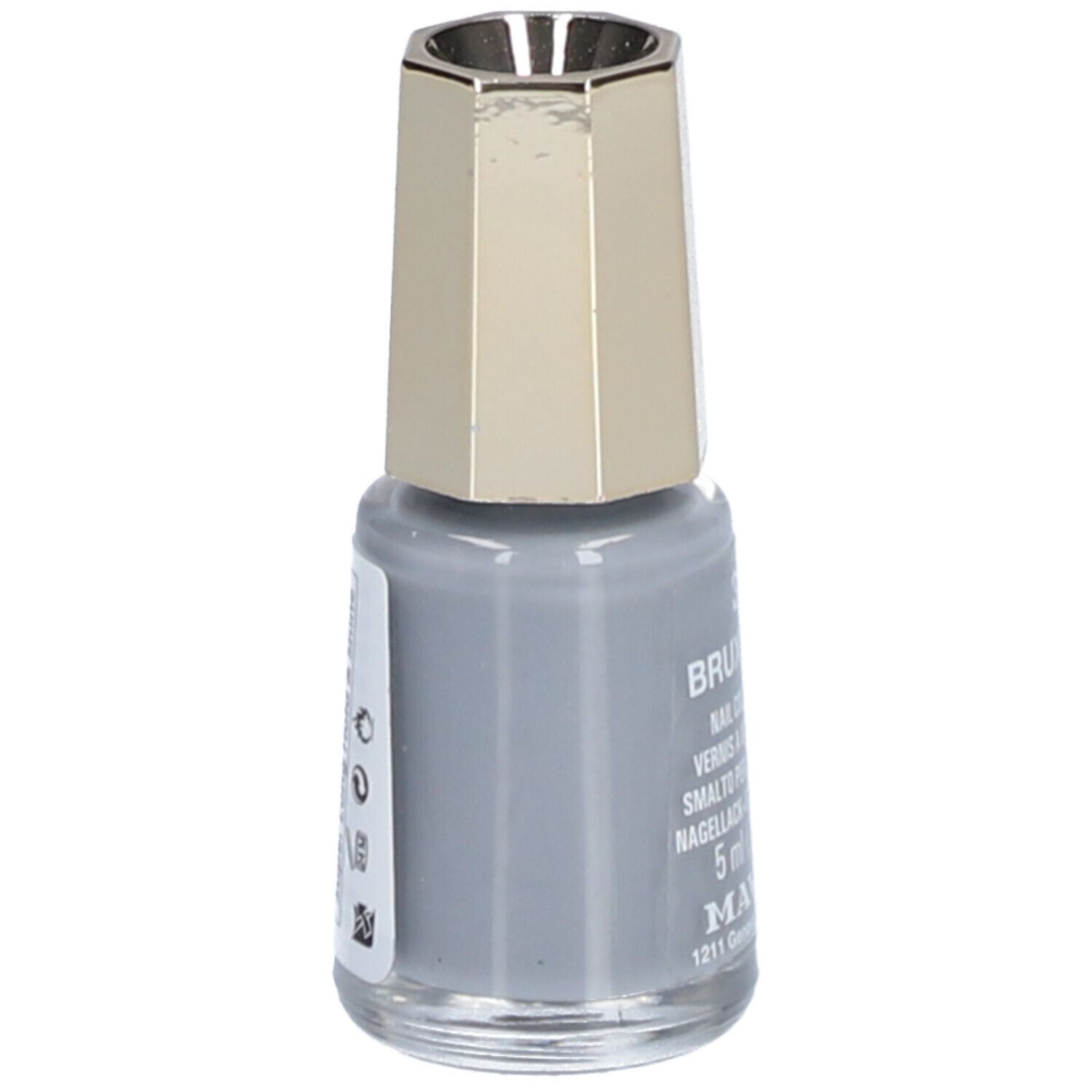 Grijze nagellakfles. Gouden dop. Opschrift: Bruxelles, Nail Color Cream, 5 ml. Merk: Mavala.