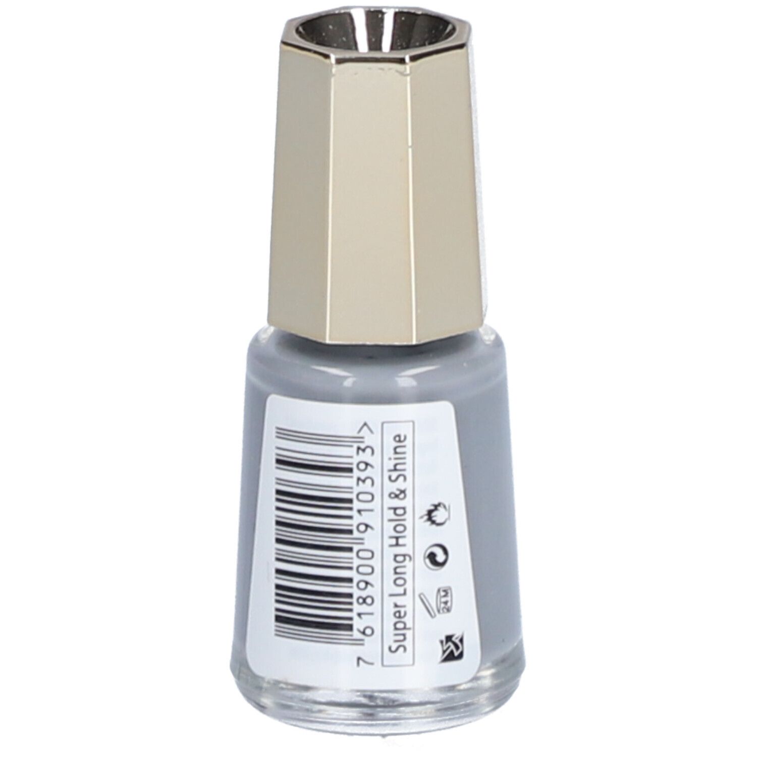 Grijze nagellakfles. Gouden dop. Sticker met barcode en tekst: Super Long Hold & Shine.