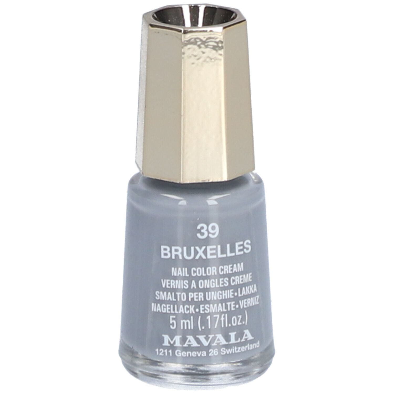 Grijze nagellakfles. Gouden dop. Opschrift: 39 Bruxelles, Nail Color Cream, 5 ml. Merk: Mavala.