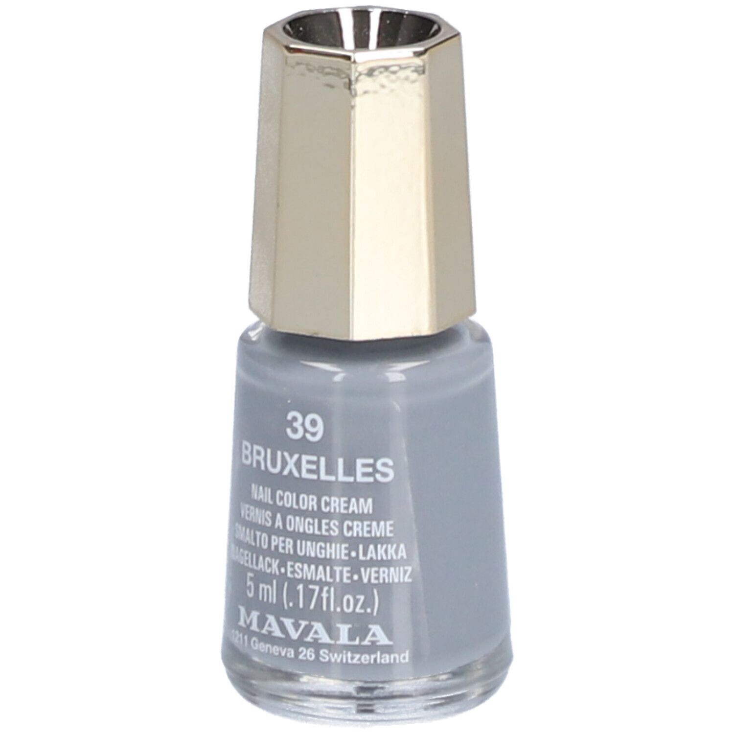 Grijze nagellakfles. Gouden dop. Opschrift: 39 Bruxelles, Nail Color Cream, 5 ml. Merk: Mavala.