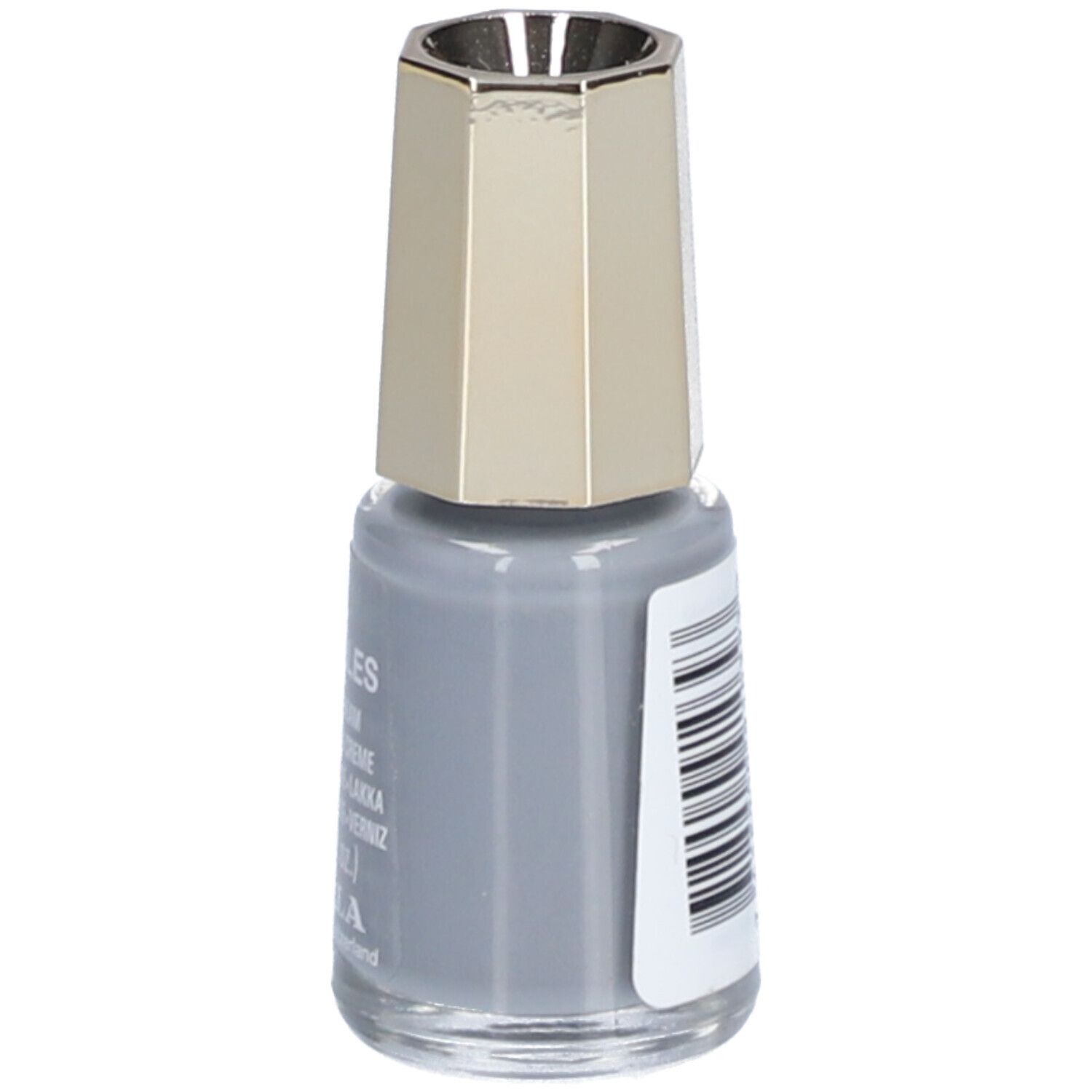 Grijze nagellakfles. Gouden dop. Sticker met barcode en tekst.
