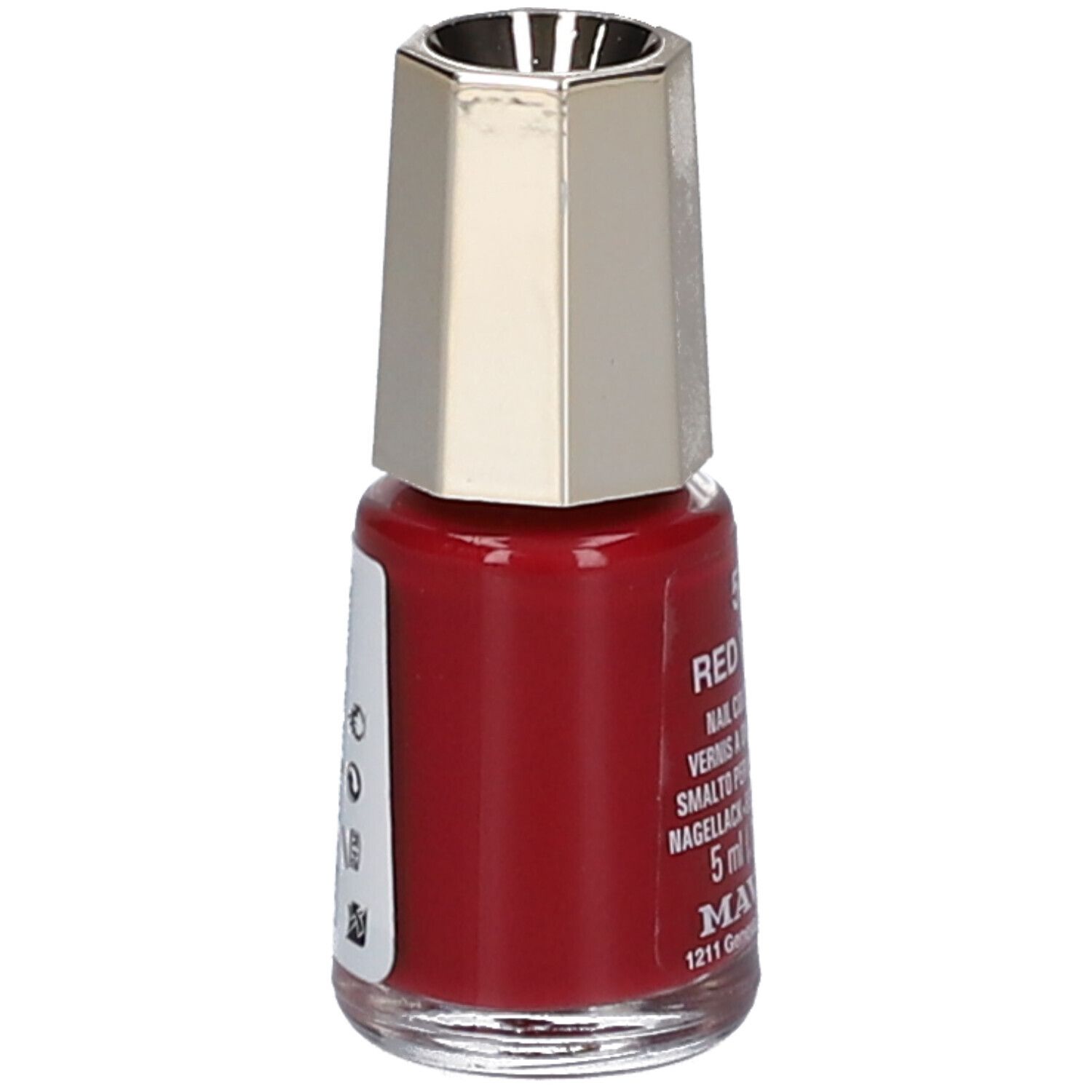 Roter Nagellackflakon mit silberfarbenem Deckel. Aufschrift teilweise verdeckt. Etikett mit Produktinformationen.