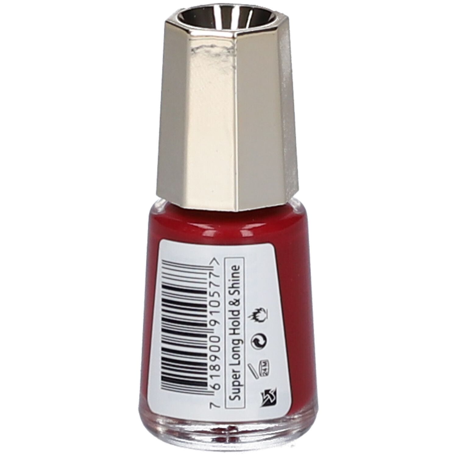 Roter Nagellackflakon mit silberfarbenem Deckel. Barcode-Etikett. Aufschrift: Super Long Hold & Shine.