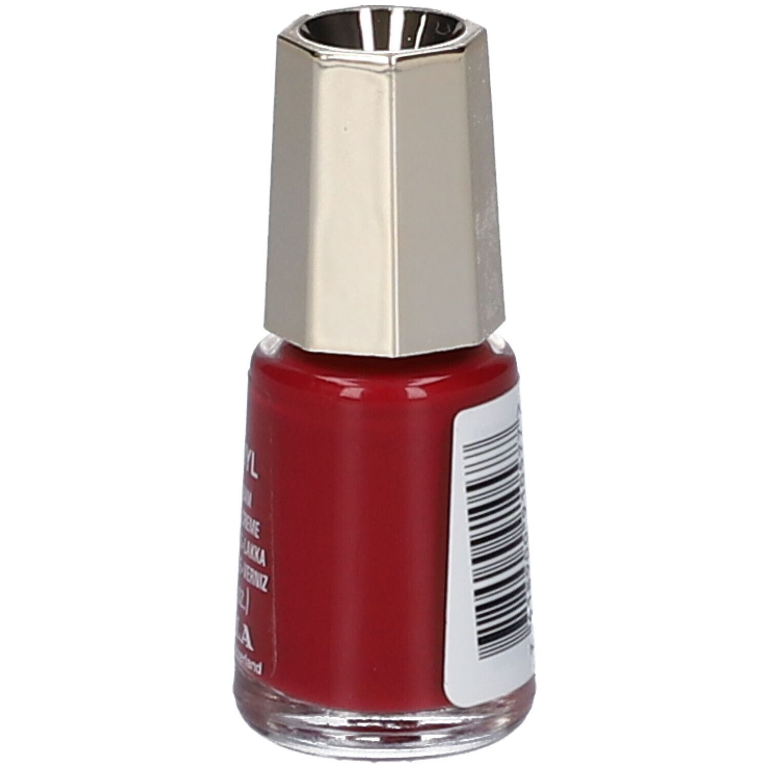 Roter Nagellackflakon mit silberfarbenem Deckel. Barcode-Etikett. Produktinformationen teilweise sichtbar.
