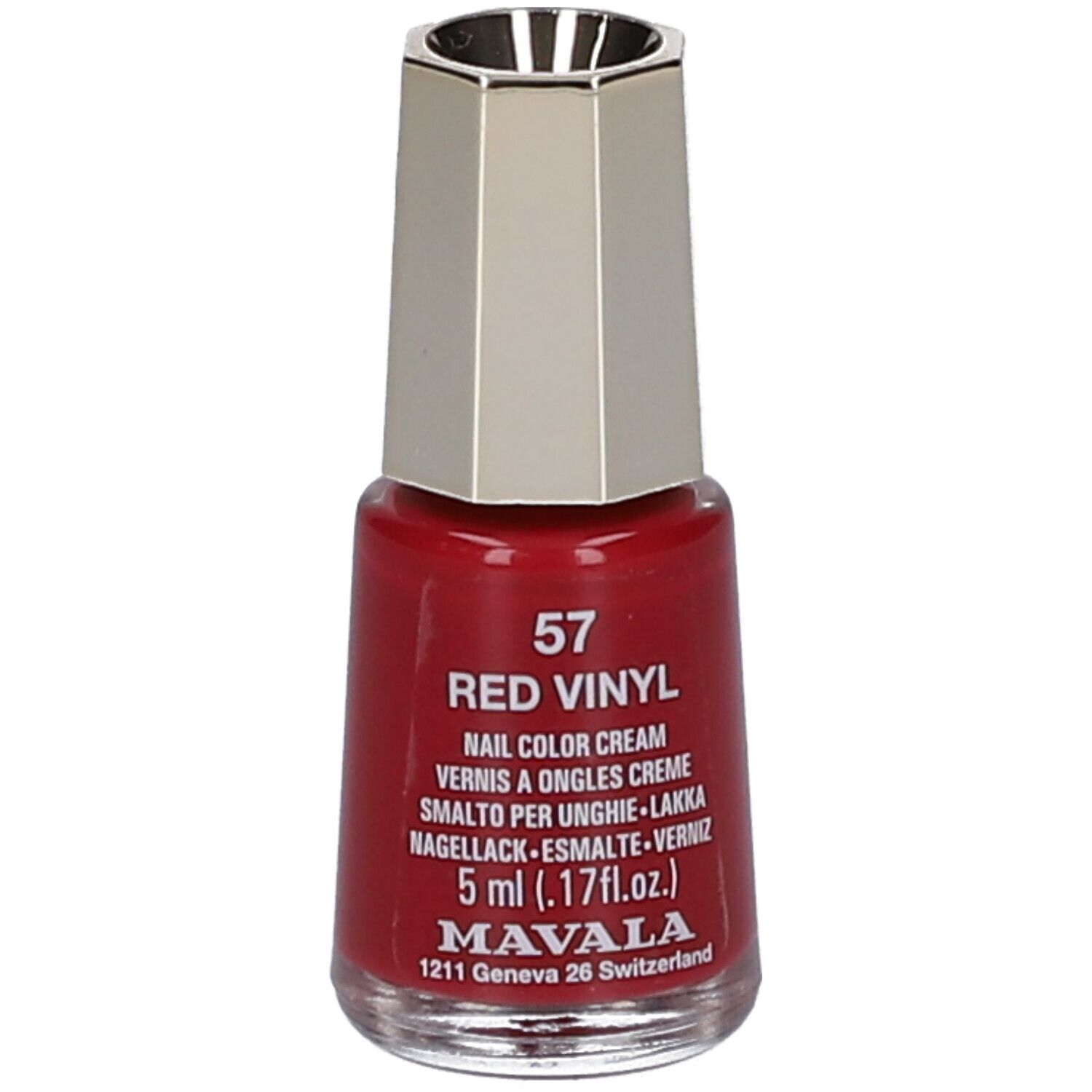 Roter Nagellackflakon mit silberfarbenem Deckel. Aufschrift: 57, Red Vinyl, Nail Color Cream, 5 ml, MAVALA.