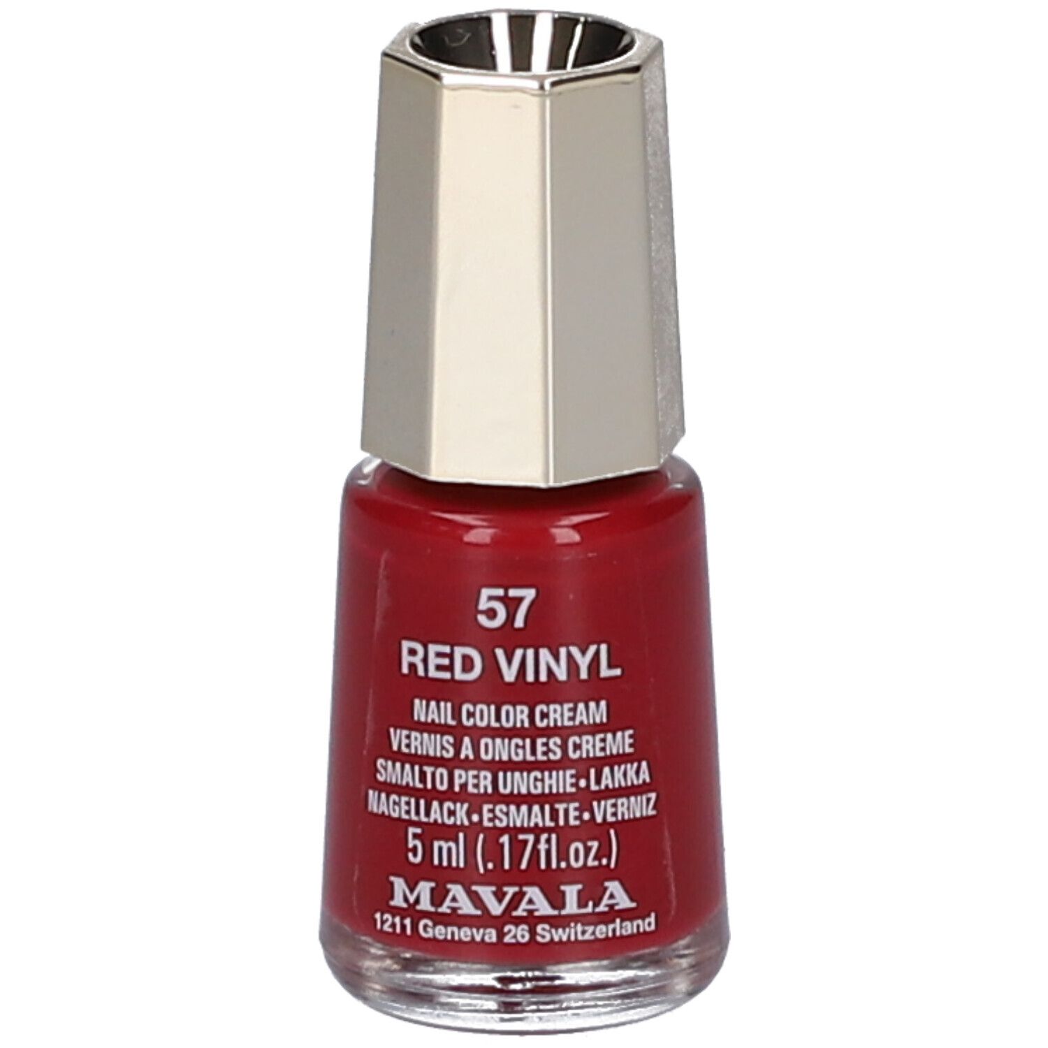 Roter Nagellackflakon mit silberfarbenem Deckel. Aufschrift: 57, Red Vinyl, Nail Color Cream, 5 ml, MAVALA.