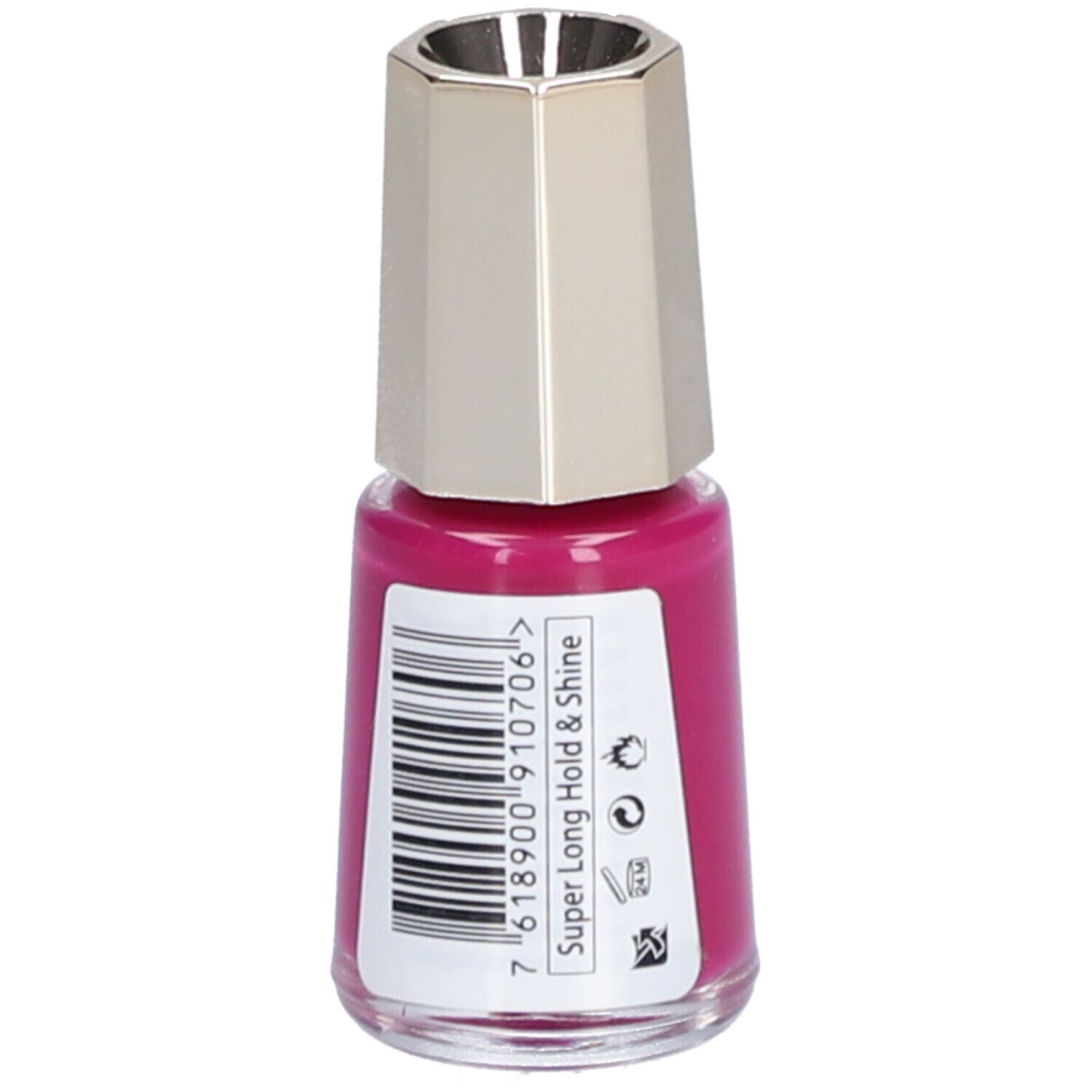Flacon de vernis à ongles rose fuchsia, bouchon argenté. Étiquette avec code-barres et texte : Super Long Hold & Shine.