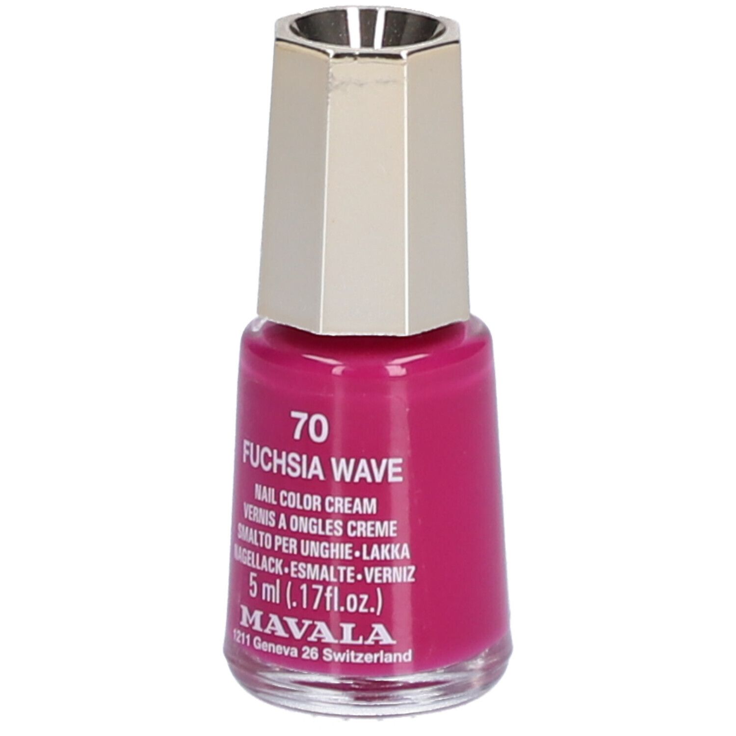 Flacon de vernis à ongles rose fuchsia, bouchon argenté. Inscription : 70 Fuchsia Wave, 5 ml, Mavala.
