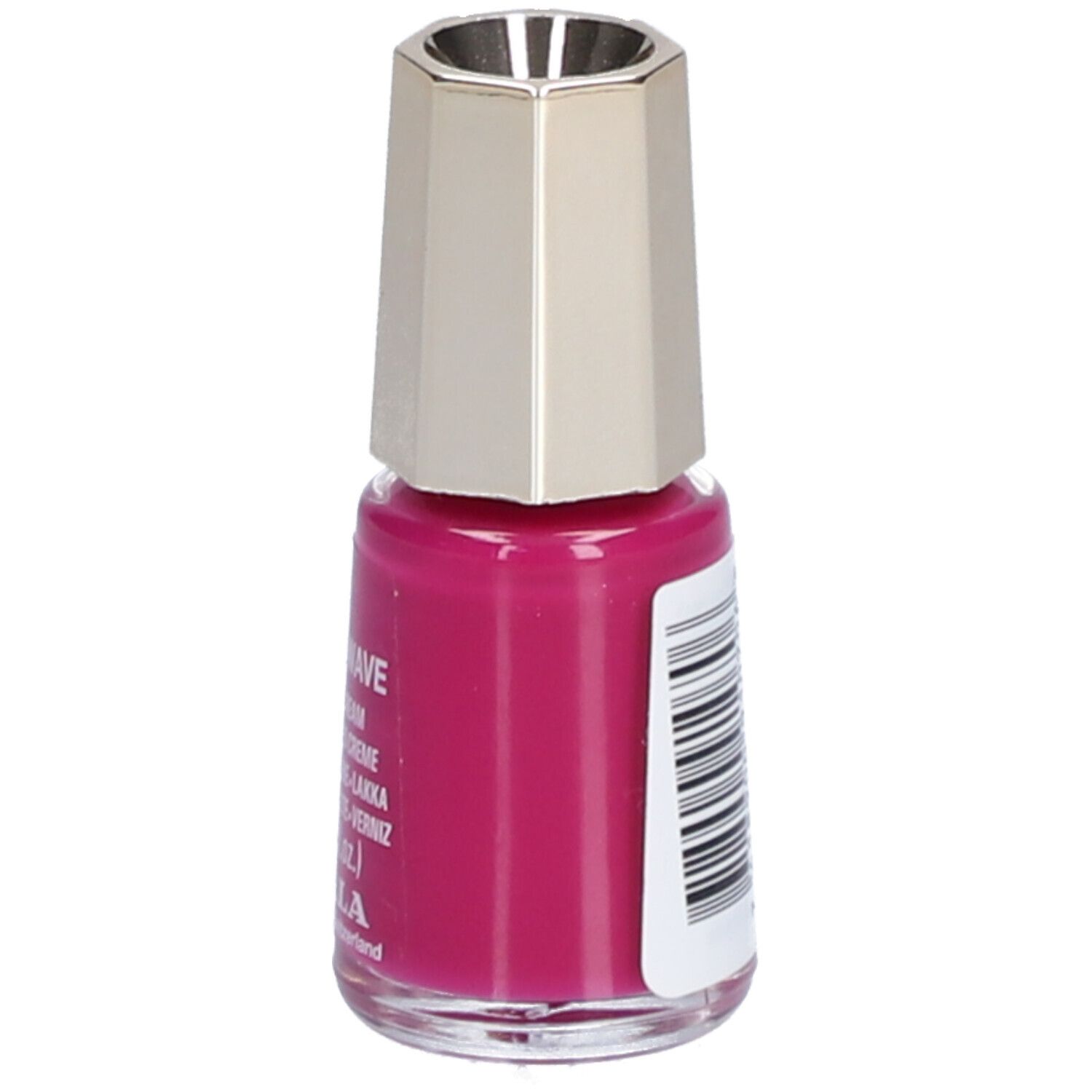Flacon de vernis à ongles rose fuchsia, bouchon argenté. Étiquette avec code-barres et texte.