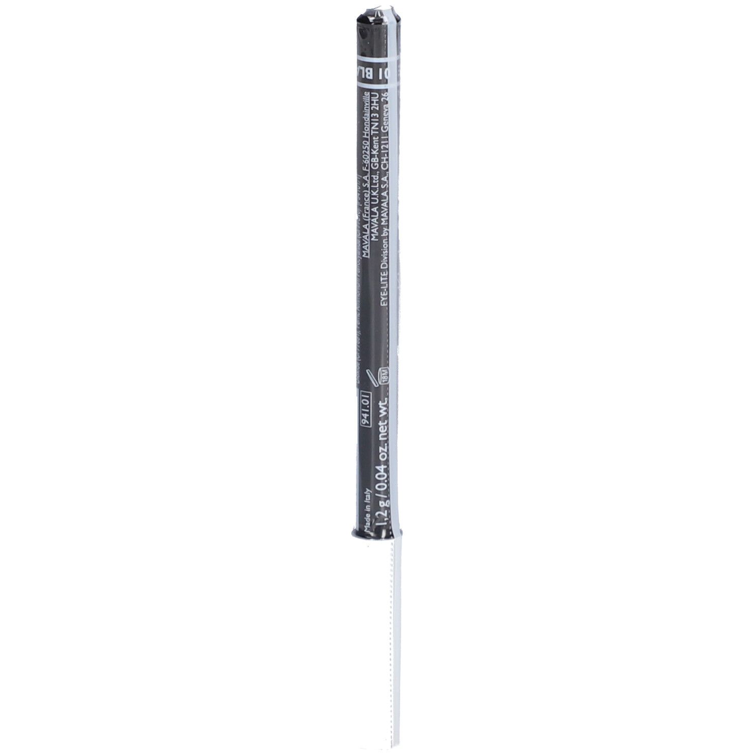 Schwarzer Kajalstift in transparenter Verpackung. Aufschrift: Mavala. 1,2 g/0,04 oz net wt.