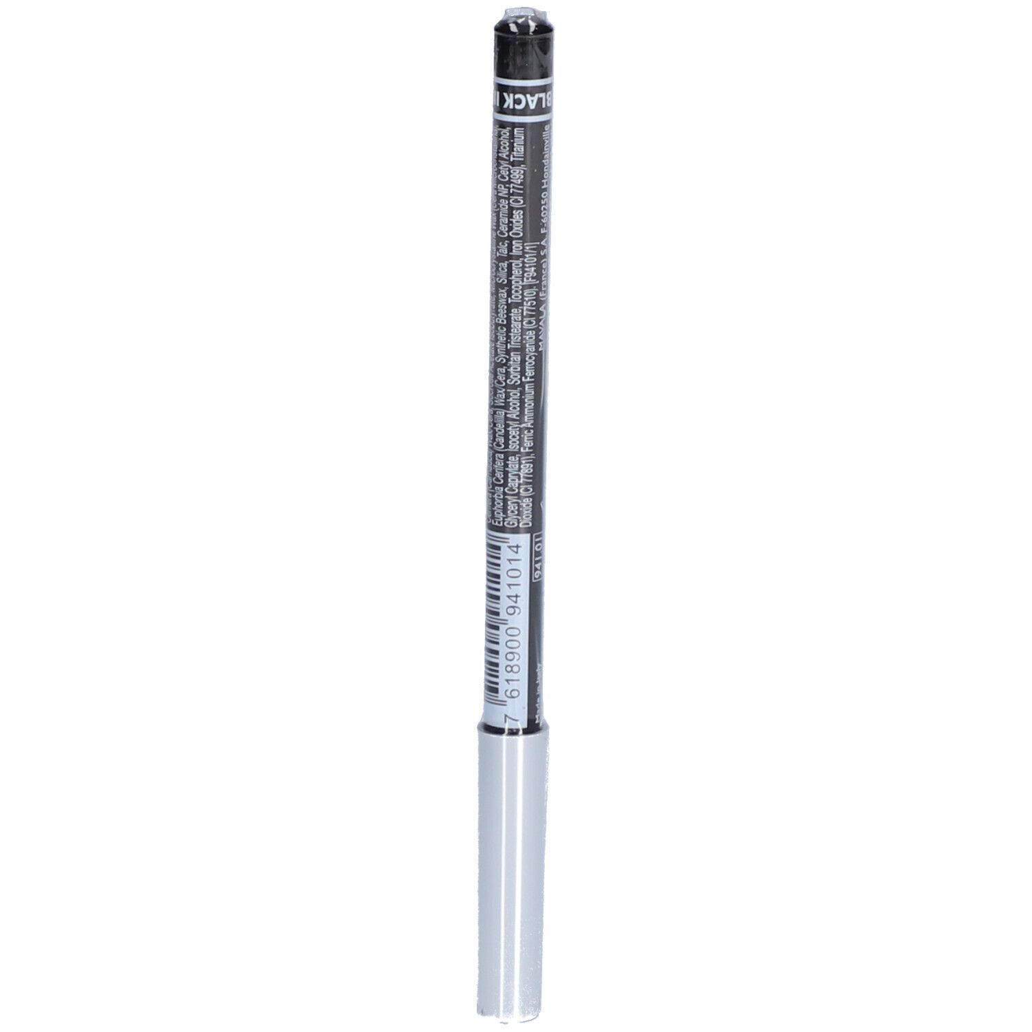 Schwarzer Kajalstift mit silberner Spitze. Aufschrift: BLACK. Produktinformationen.