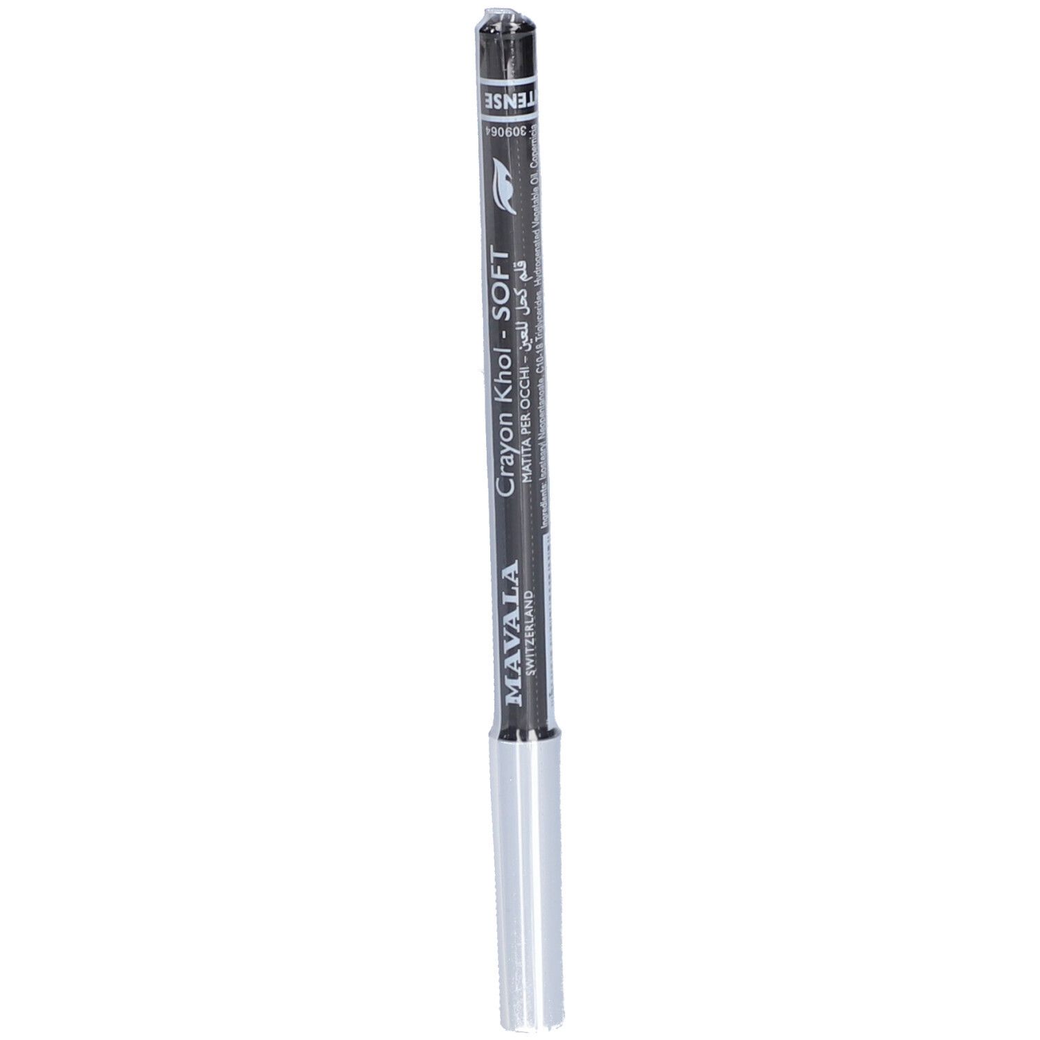 Schwarzer Kajalstift. Aufschrift: Mavala Crayon Khol - Soft. Silberne Spitze.