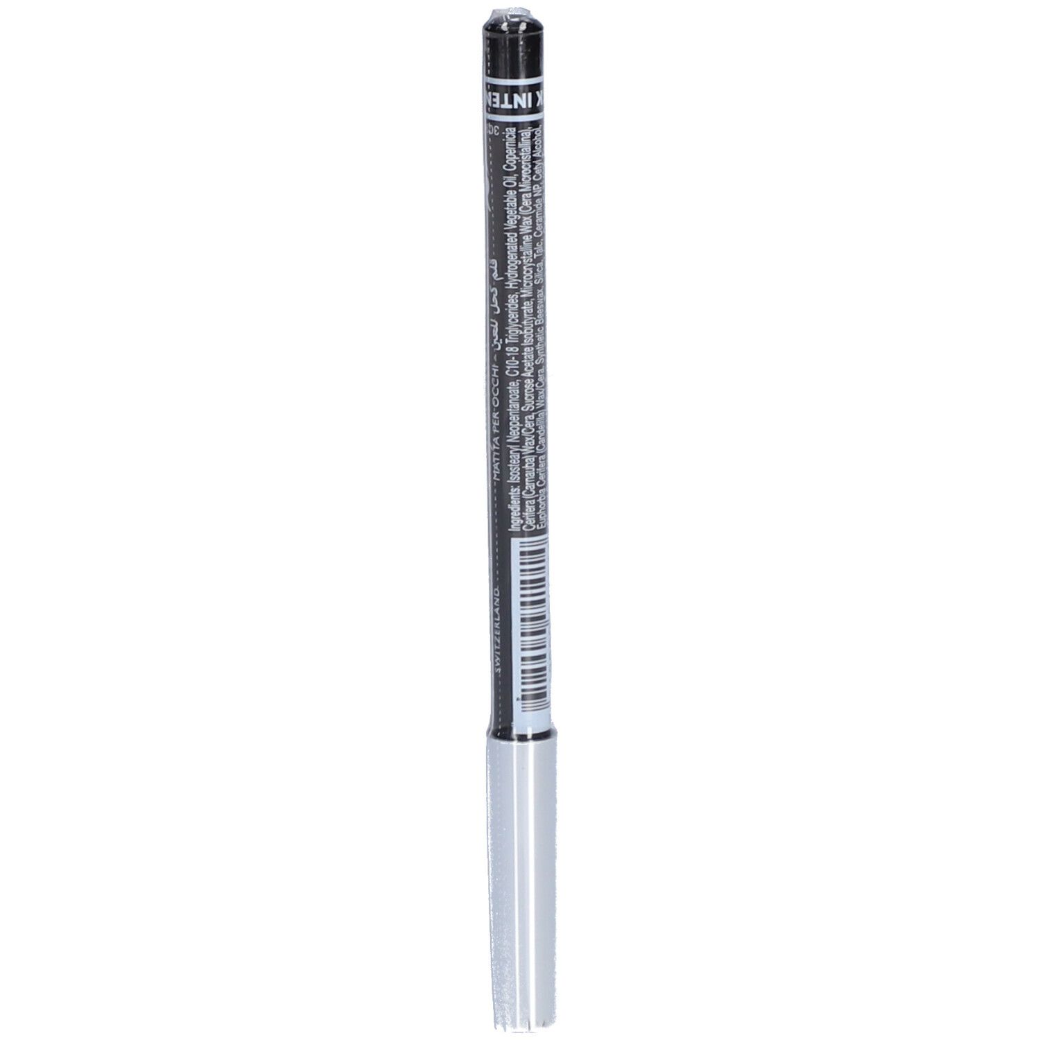Schwarzer Kajalstift mit silberner Spitze. Aufschrift: INTENSE. Produktinformationen.