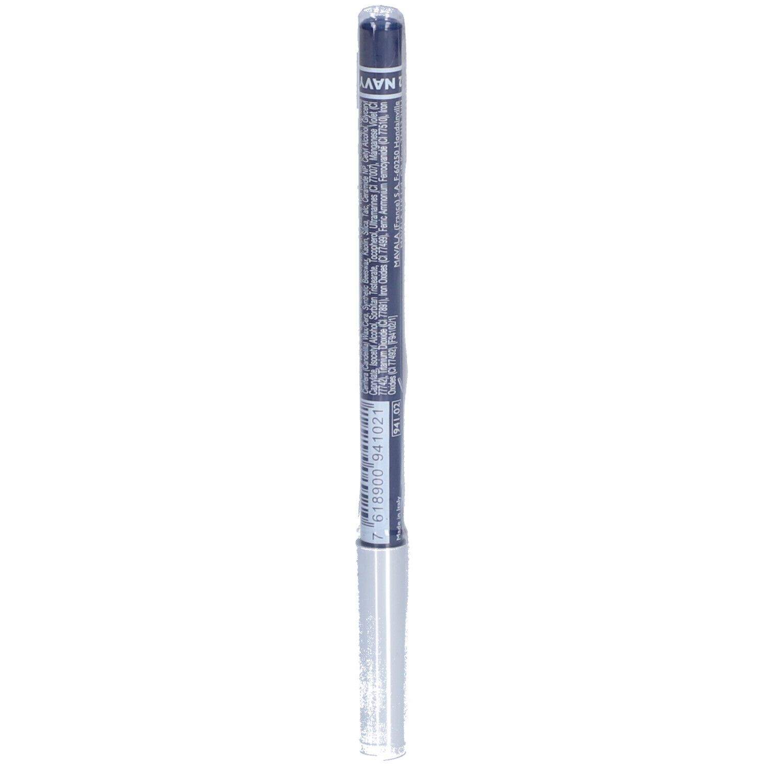 Kajalstift in Verpackung. Aufschrift: Marineblau. Details und Inhaltsstoffe.