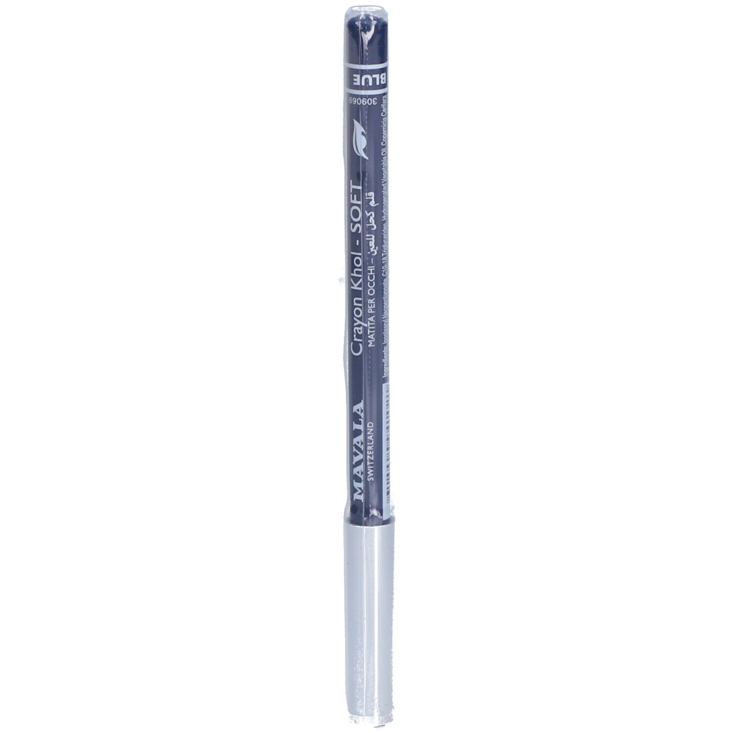 Blauer Kajalstift in Verpackung. Marke: Mavala. Aufschrift: Khol-Soft.