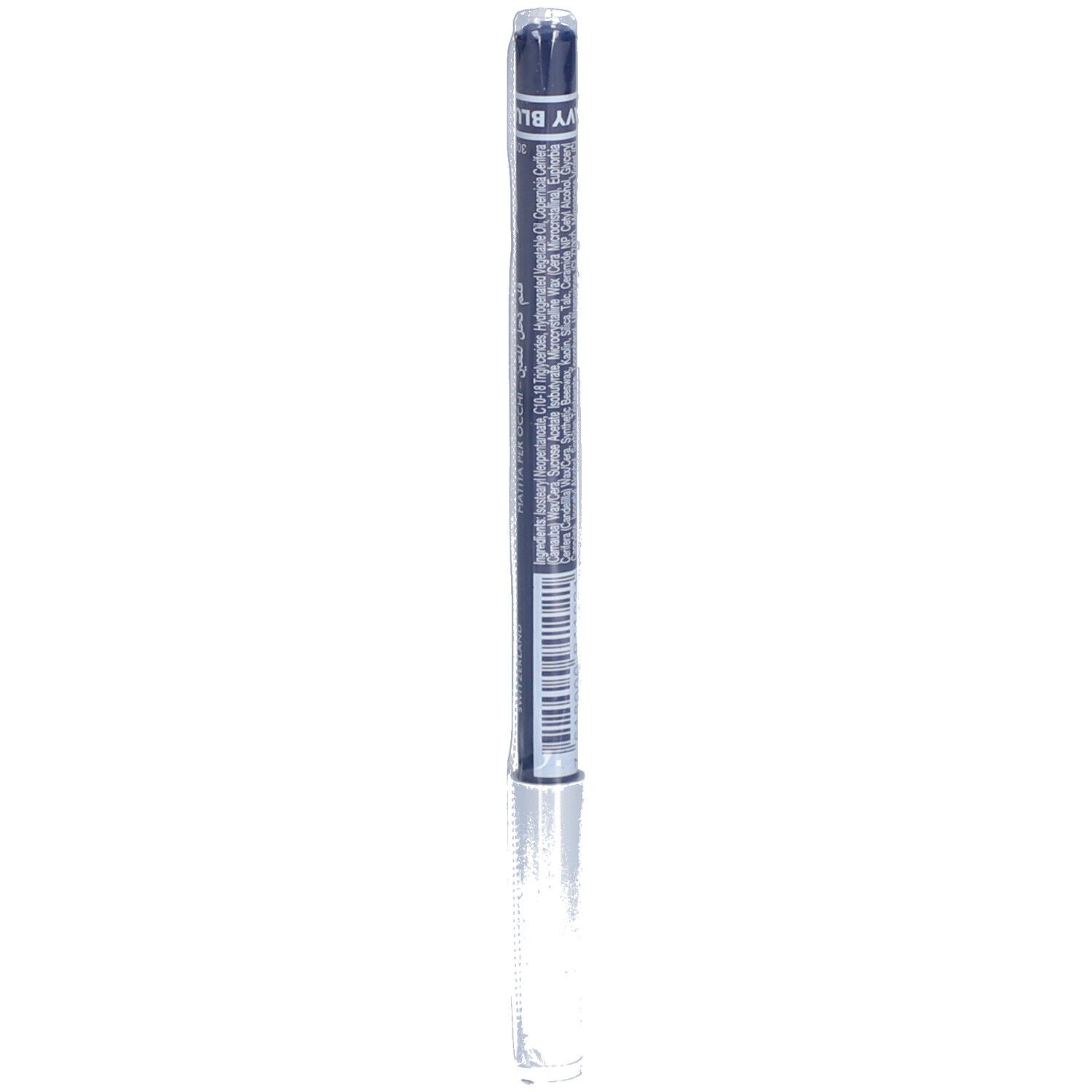 Kajalstift in Verpackung. Aufschrift: Marineblau. Details und Inhaltsstoffe.