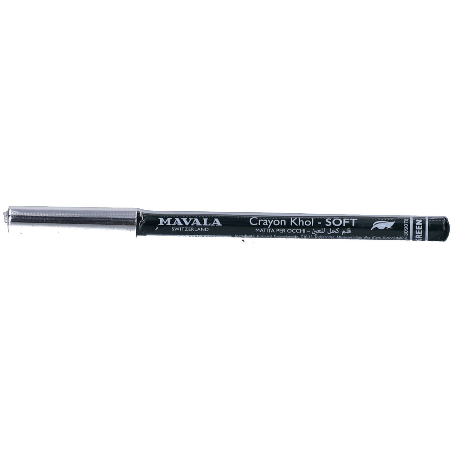 Crayon khôl vert avec capuchon argenté. Inscription: MAVALA, Crayon Khol - SOFT, Vert.