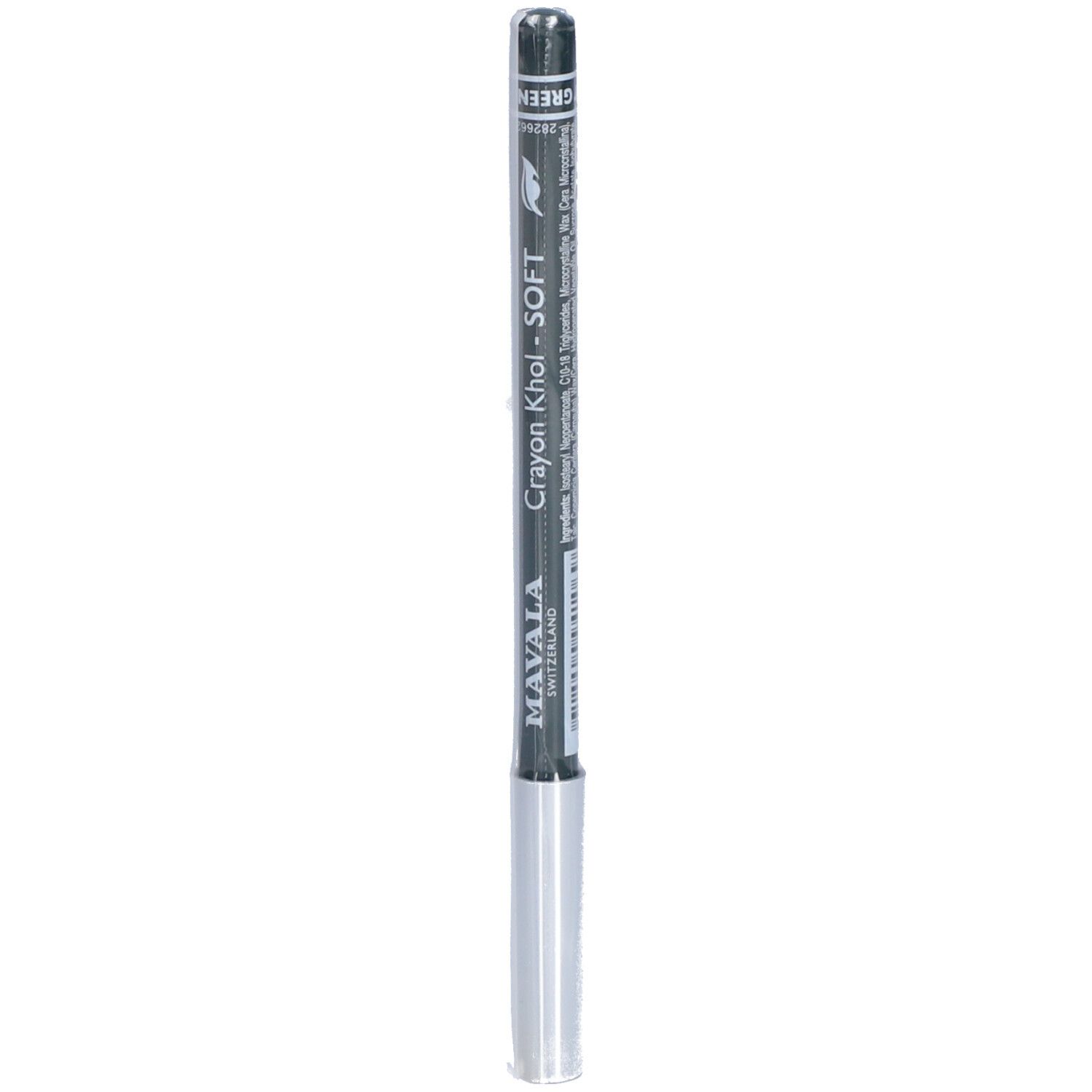 Crayon khôl vert avec capuchon argenté. Inscription: MAVALA, Crayon Khol - SOFT, Vert, Ingrédients.