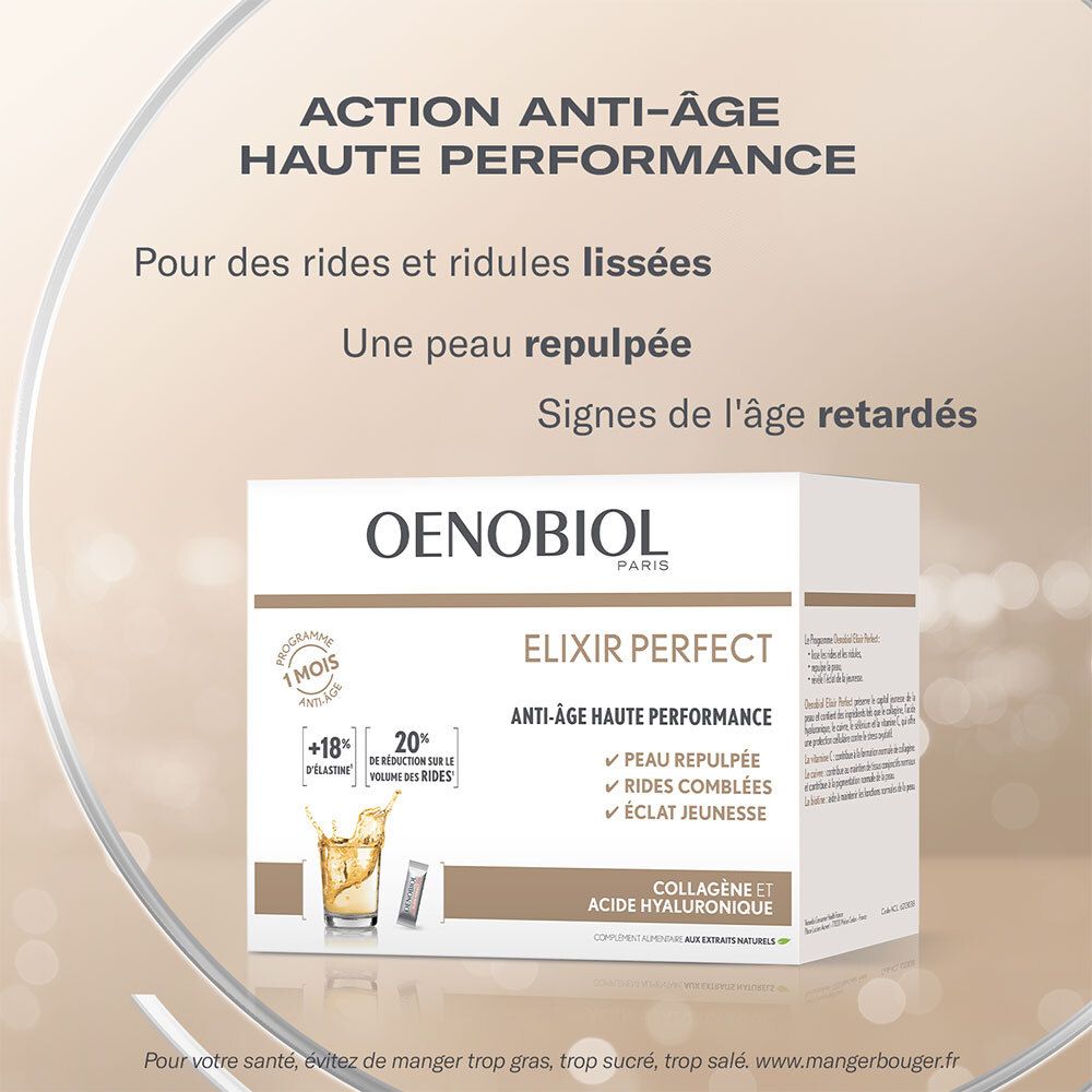 Werbung für OENOBIOL ELIXIR Perfect Stick. Text: Anti-Aging. Reduziert Falten. Enthält Kollagen und Hyaluronsäure. Logo OENOBIOL.